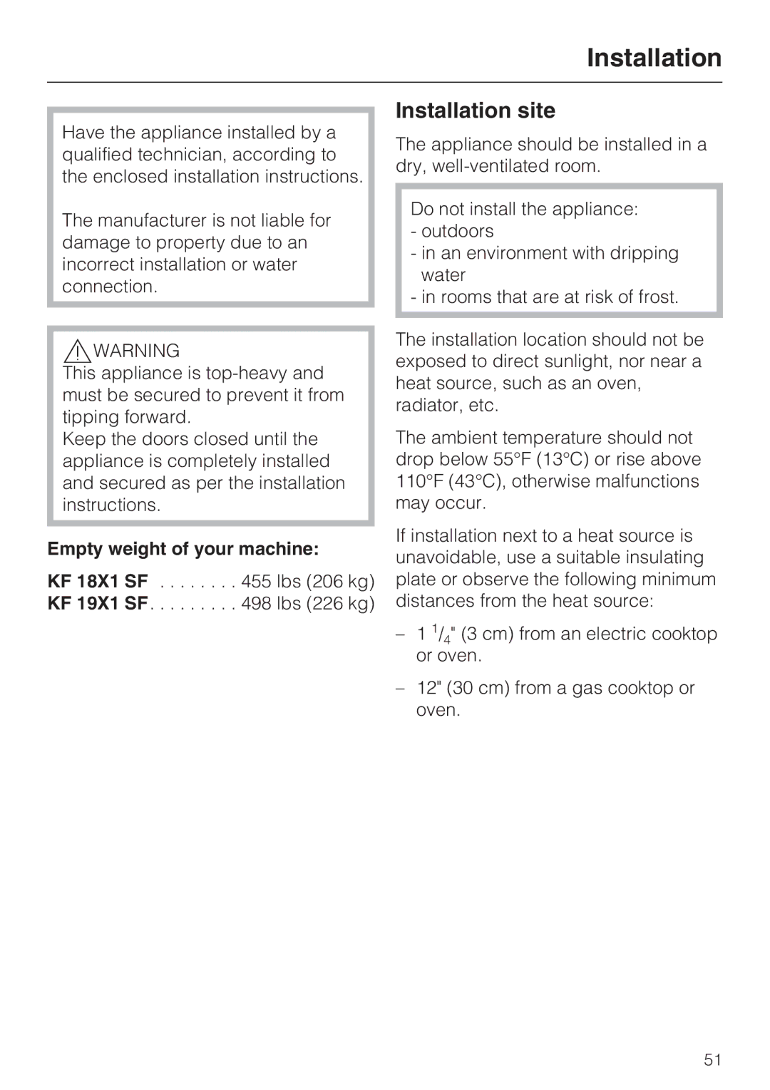 Miele KF1911SF, KF1811SF, KF1901SF, KF1801SF installation instructions Installation site, Empty weight of your machine 