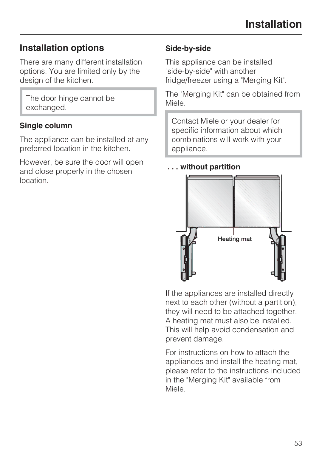 Miele KF1901SF, KF1811SF, KF1801SF, KF1911SF Installation options, Single column, Side-by-side, Without partition 