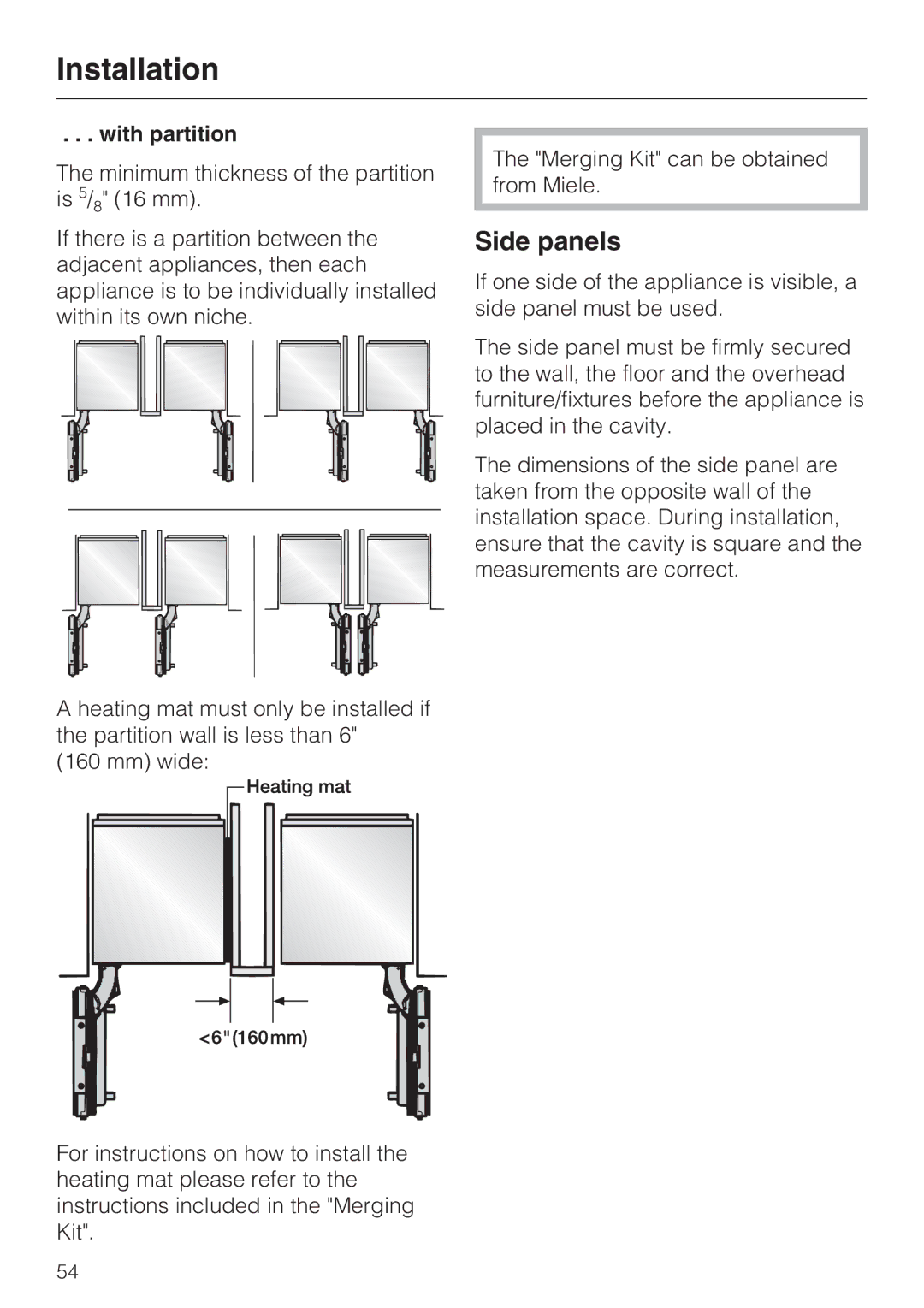 Miele KF1801SF, KF1811SF, KF1901SF, KF1911SF installation instructions Side panels, With partition 