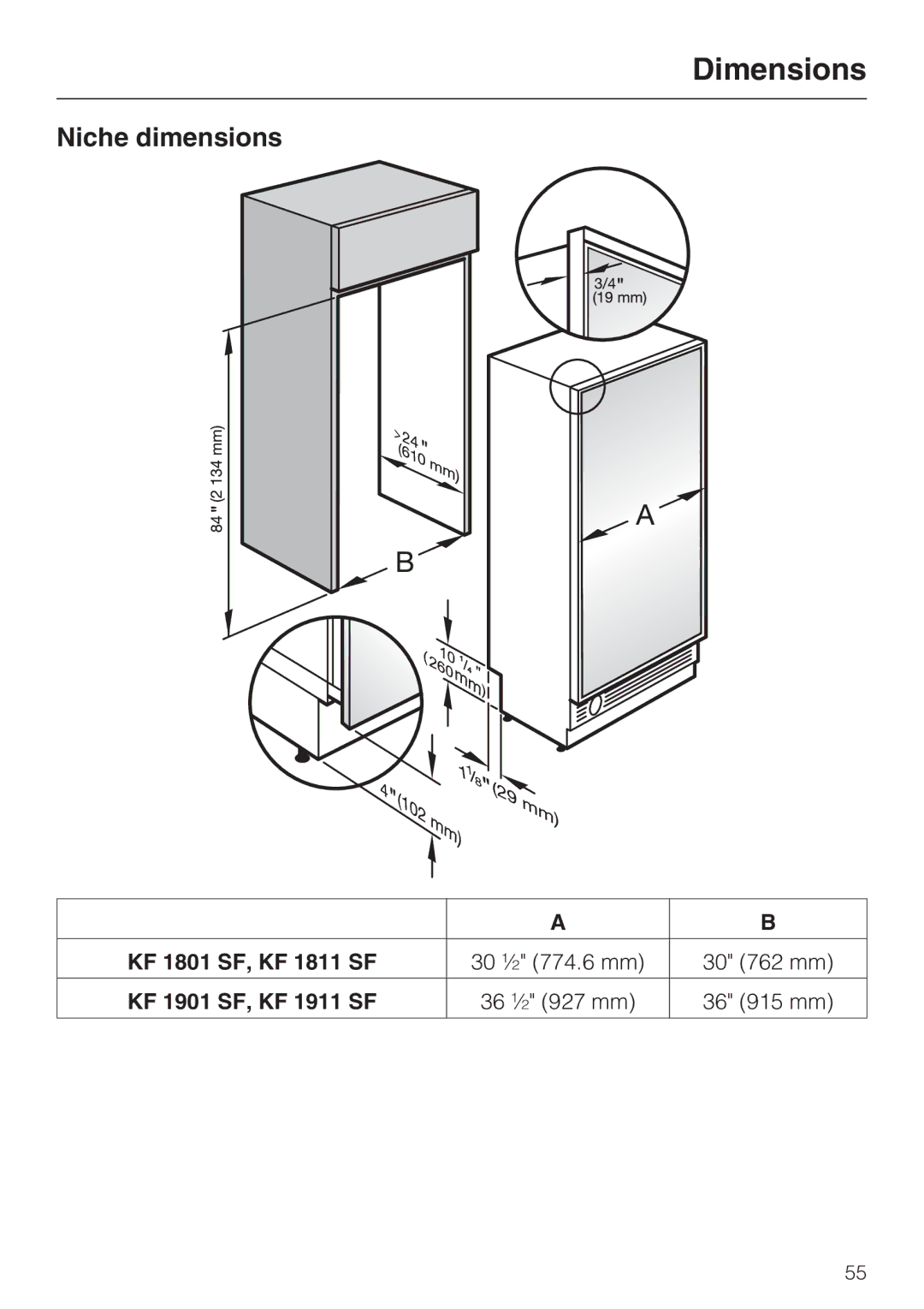 Miele KF1911SF, KF1811SF, KF1901SF, KF1801SF installation instructions Dimensions, Niche dimensions 