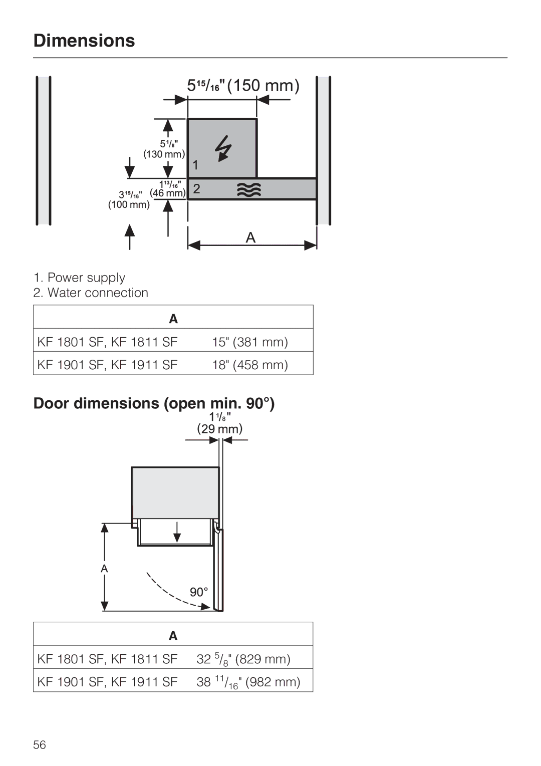 Miele KF1811SF, KF1901SF, KF1801SF, KF1911SF installation instructions Door dimensions open min 