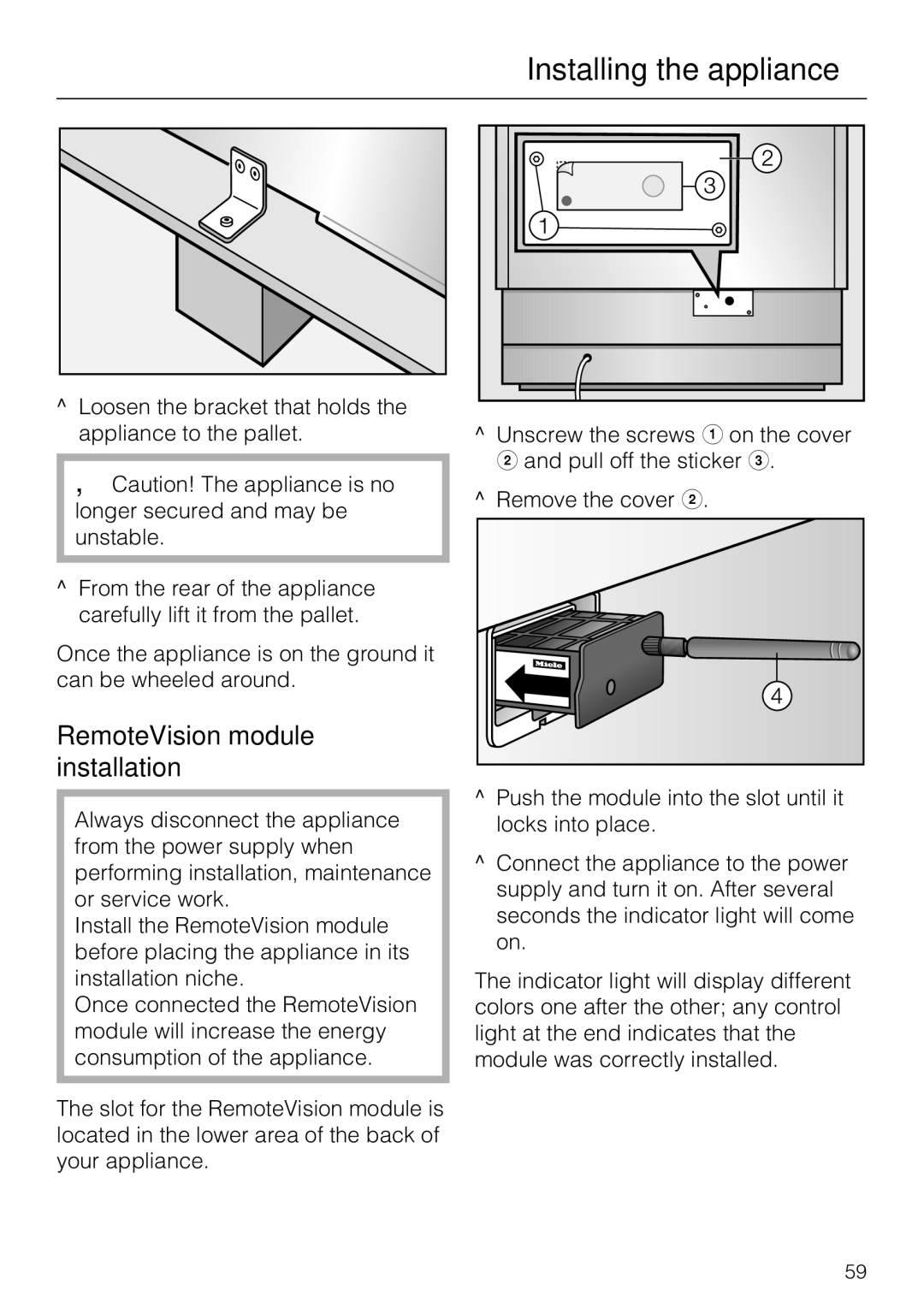 Miele KF1911SF, KF1811SF, KF1901SF, KF1801SF installation instructions RemoteVision module installation 