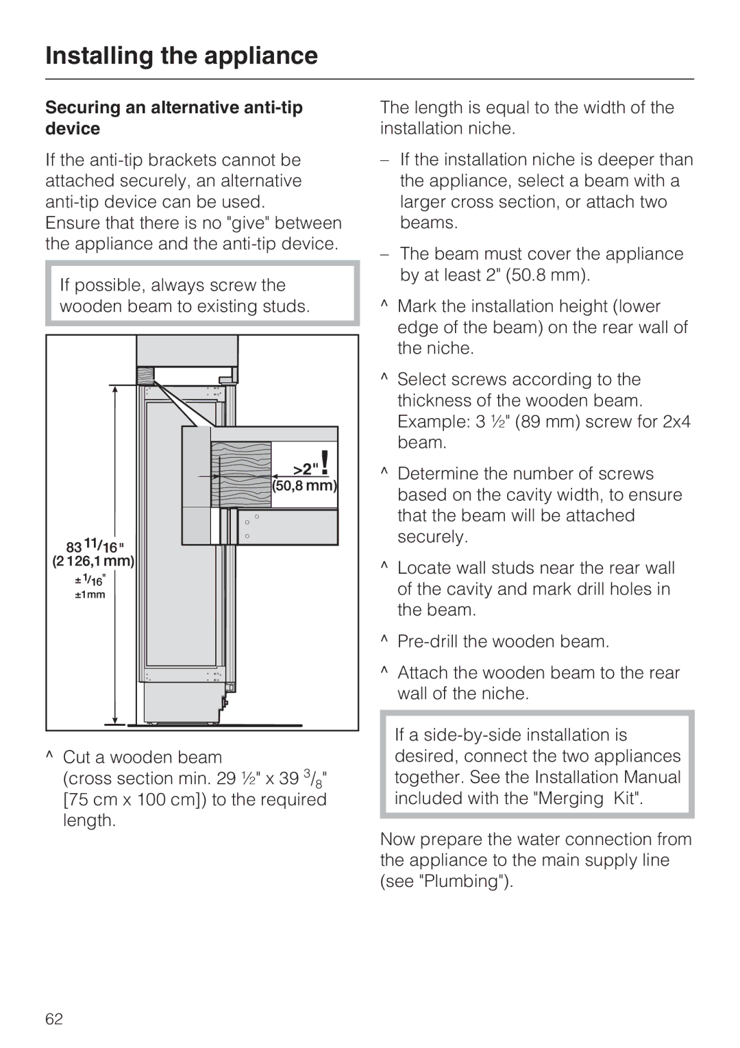 Miele KF1801SF, KF1811SF, KF1901SF, KF1911SF installation instructions Securing an alternative anti-tip device 