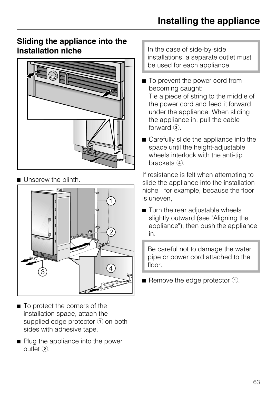 Miele KF1911SF, KF1811SF, KF1901SF, KF1801SF installation instructions Sliding the appliance into the installation niche 