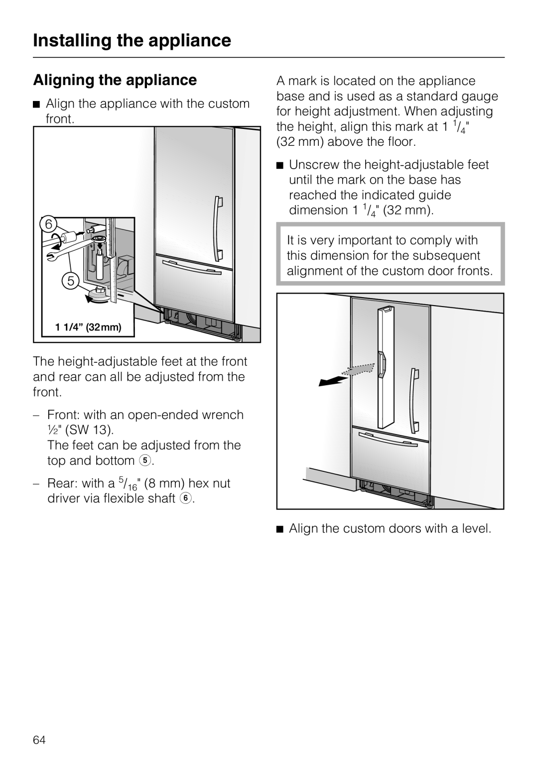 Miele KF1811SF, KF1901SF, KF1801SF, KF1911SF installation instructions Aligning the appliance 