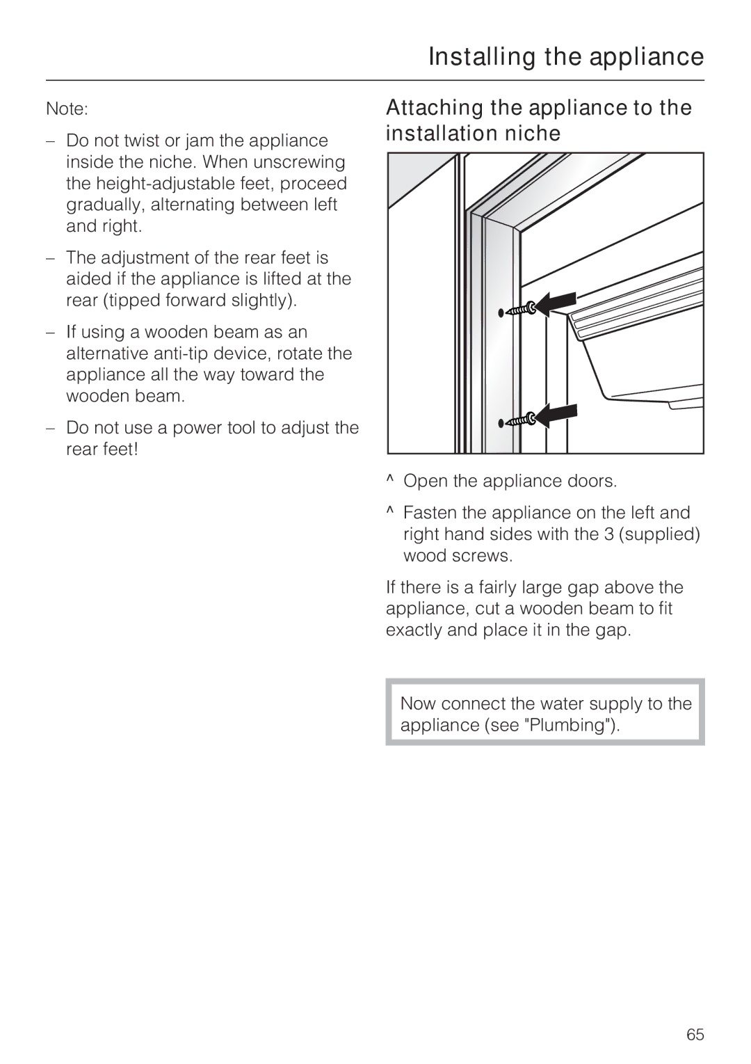 Miele KF1901SF, KF1811SF, KF1801SF, KF1911SF installation instructions Attaching the appliance to the installation niche 