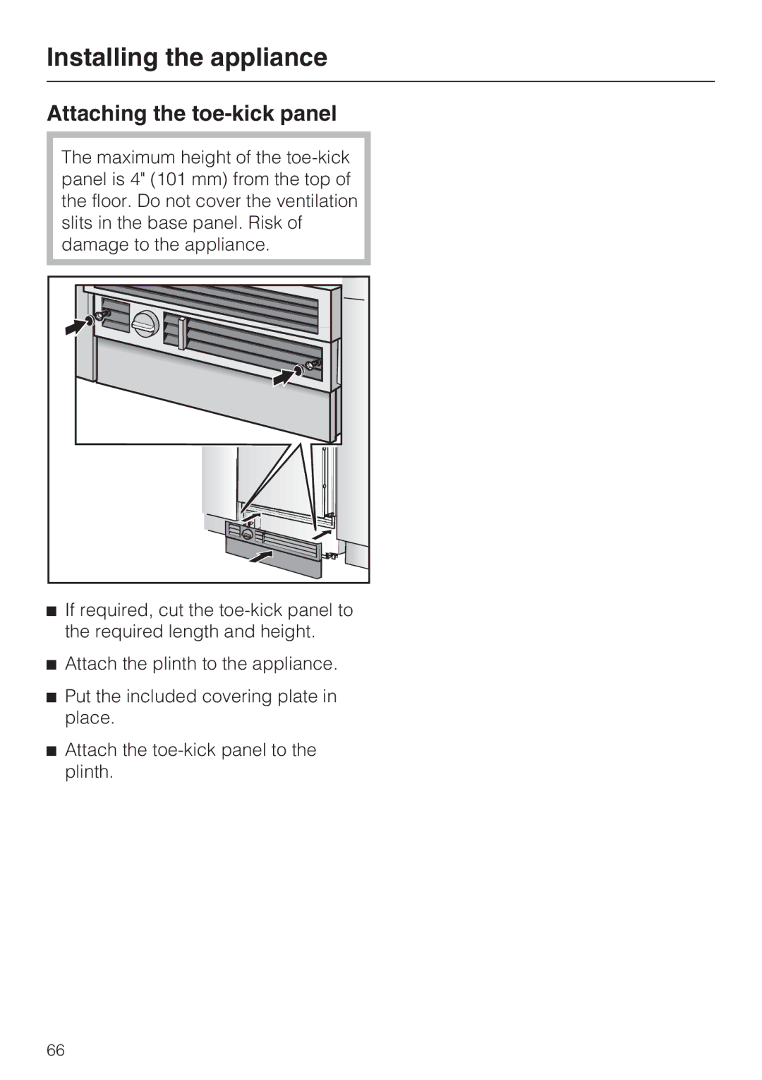 Miele KF1801SF, KF1811SF, KF1901SF, KF1911SF installation instructions Attaching the toe-kick panel 