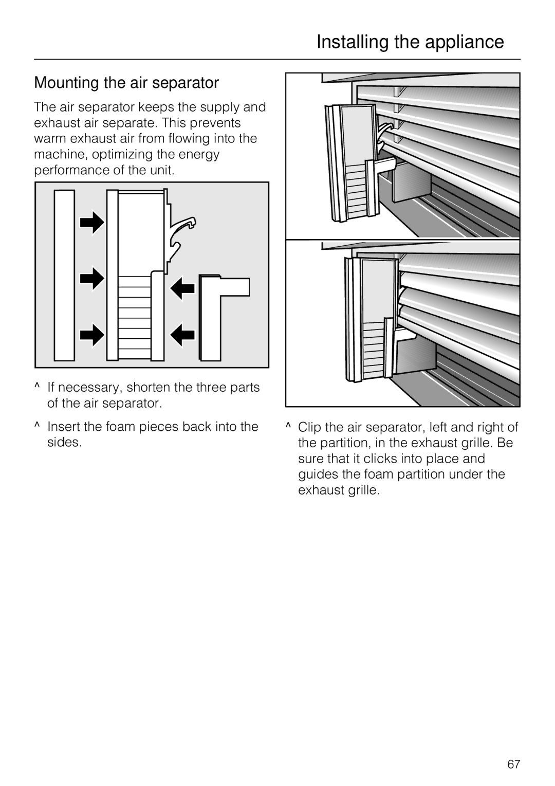 Miele KF1911SF, KF1811SF, KF1901SF, KF1801SF installation instructions Mounting the air separator 