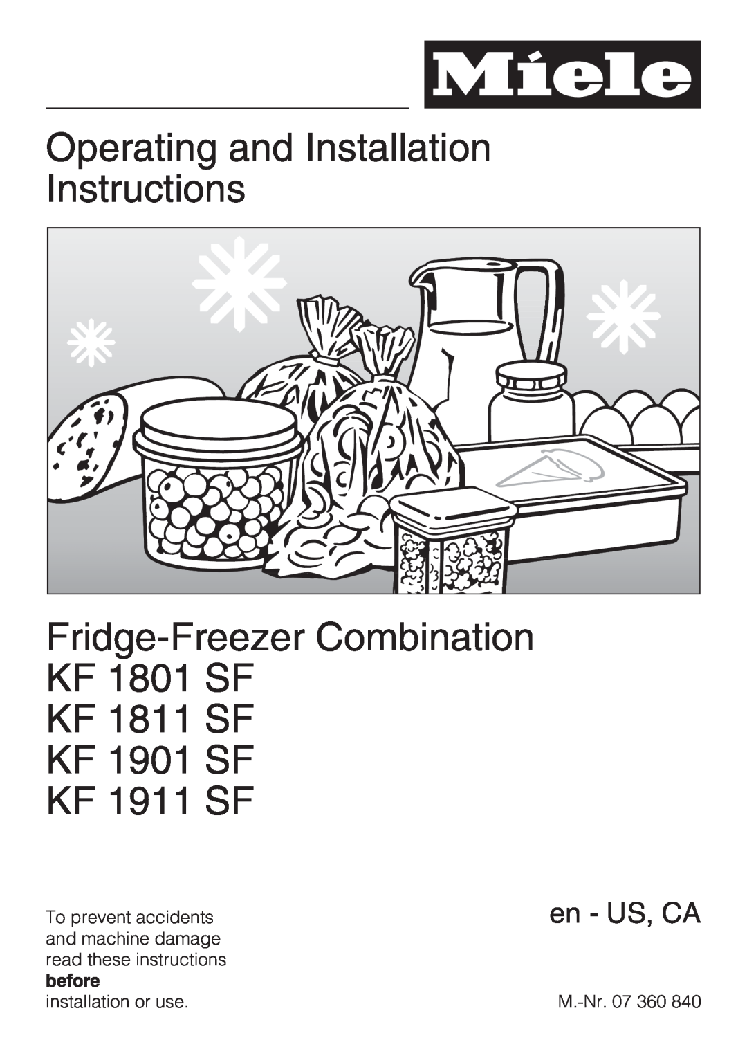 Miele KF1901SF installation instructions Operating and Installation Instructions, KF 1901 SF KF 1911 SF, en - US, CA 