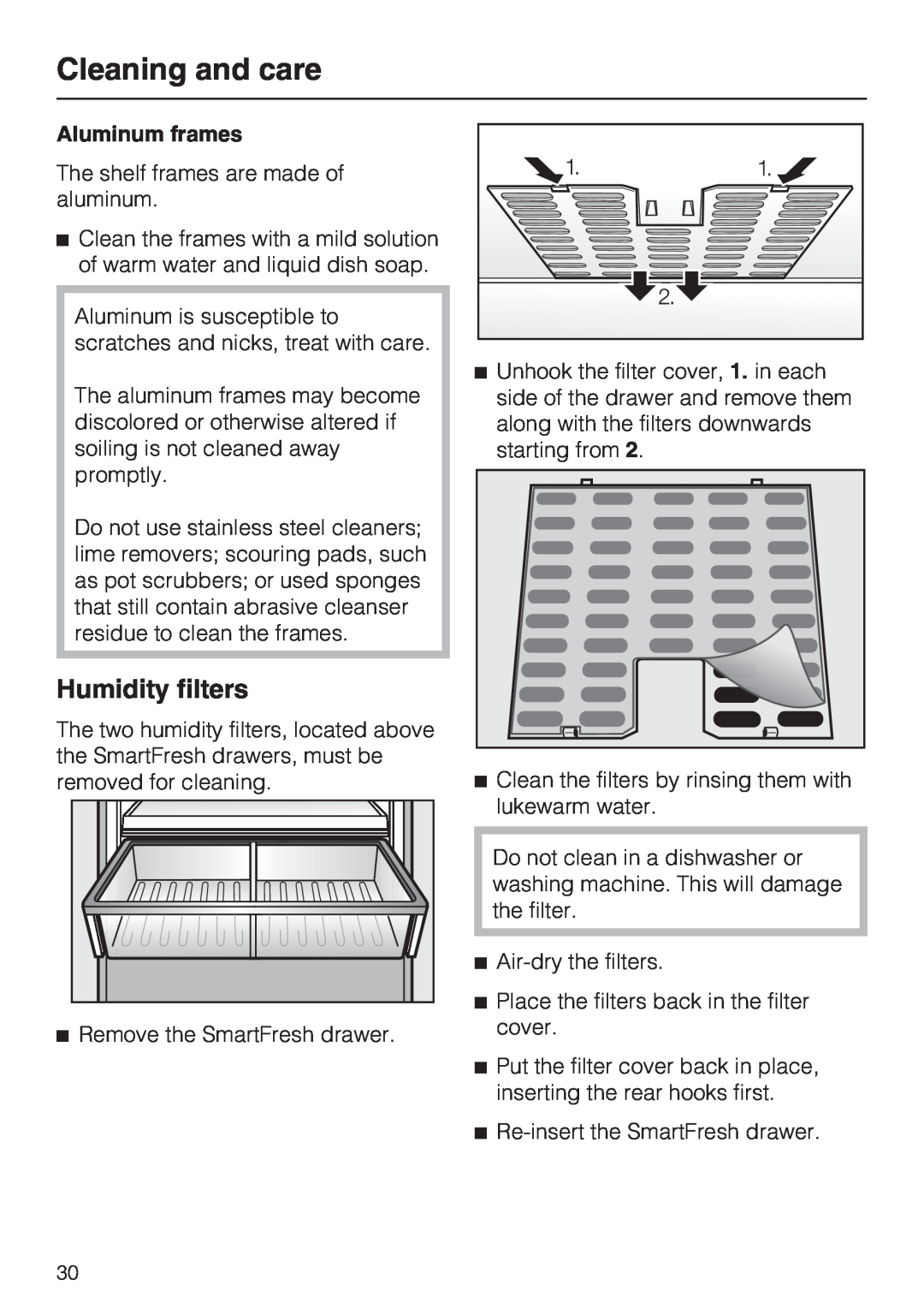 Miele KF1801SF, KF1811SF, KF1901SF, KF1911SF installation instructions Humidity filters, Cleaning and care, Aluminum frames 