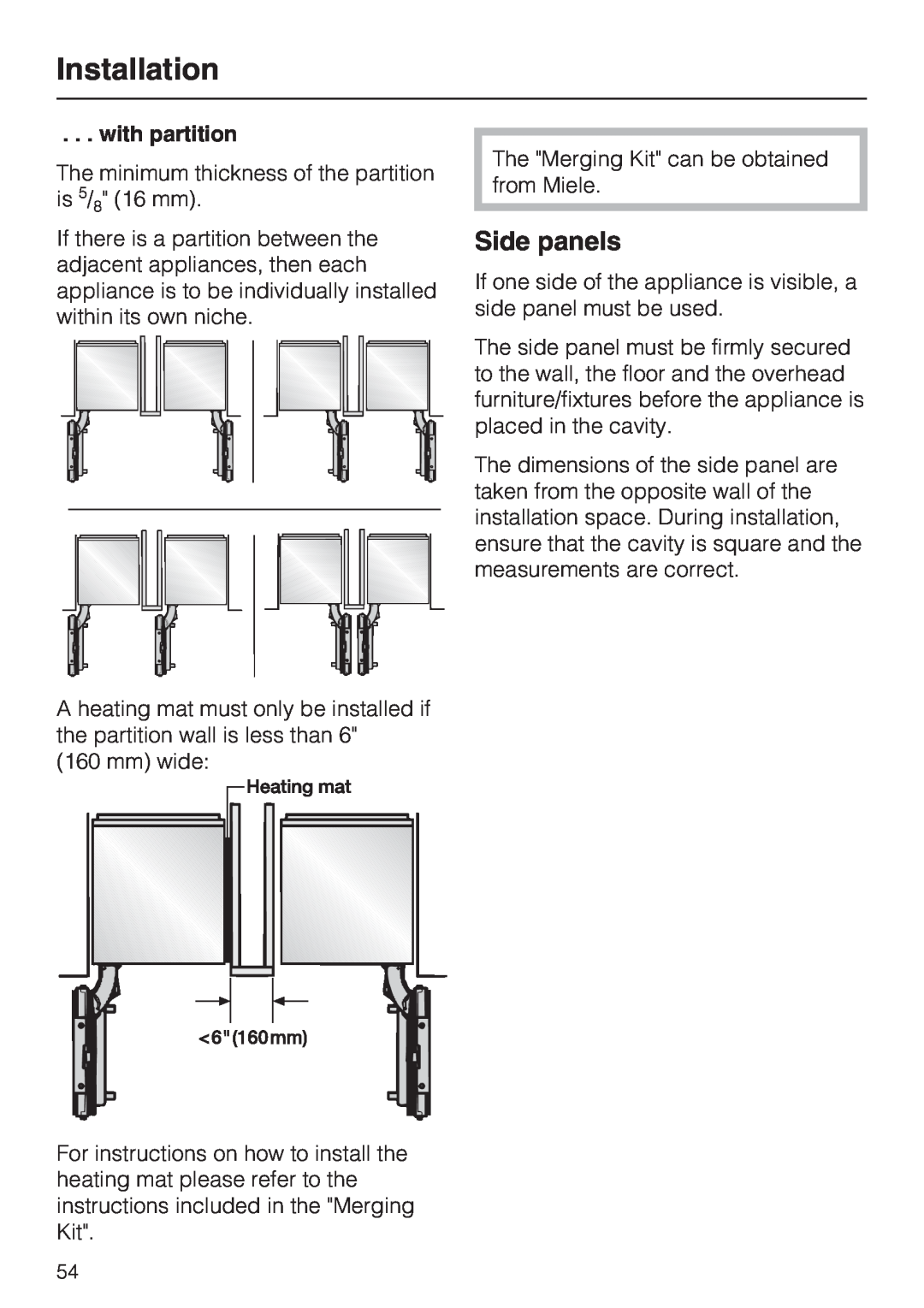 Miele KF1801SF, KF1811SF, KF1901SF, KF1911SF installation instructions Side panels, Installation, with partition 