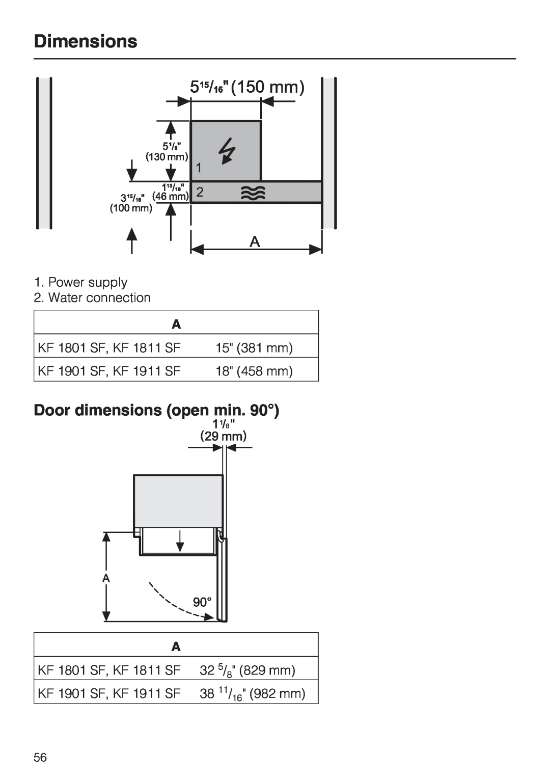 Miele KF1811SF, KF1901SF, KF1801SF, KF1911SF installation instructions Door dimensions open min, Dimensions 