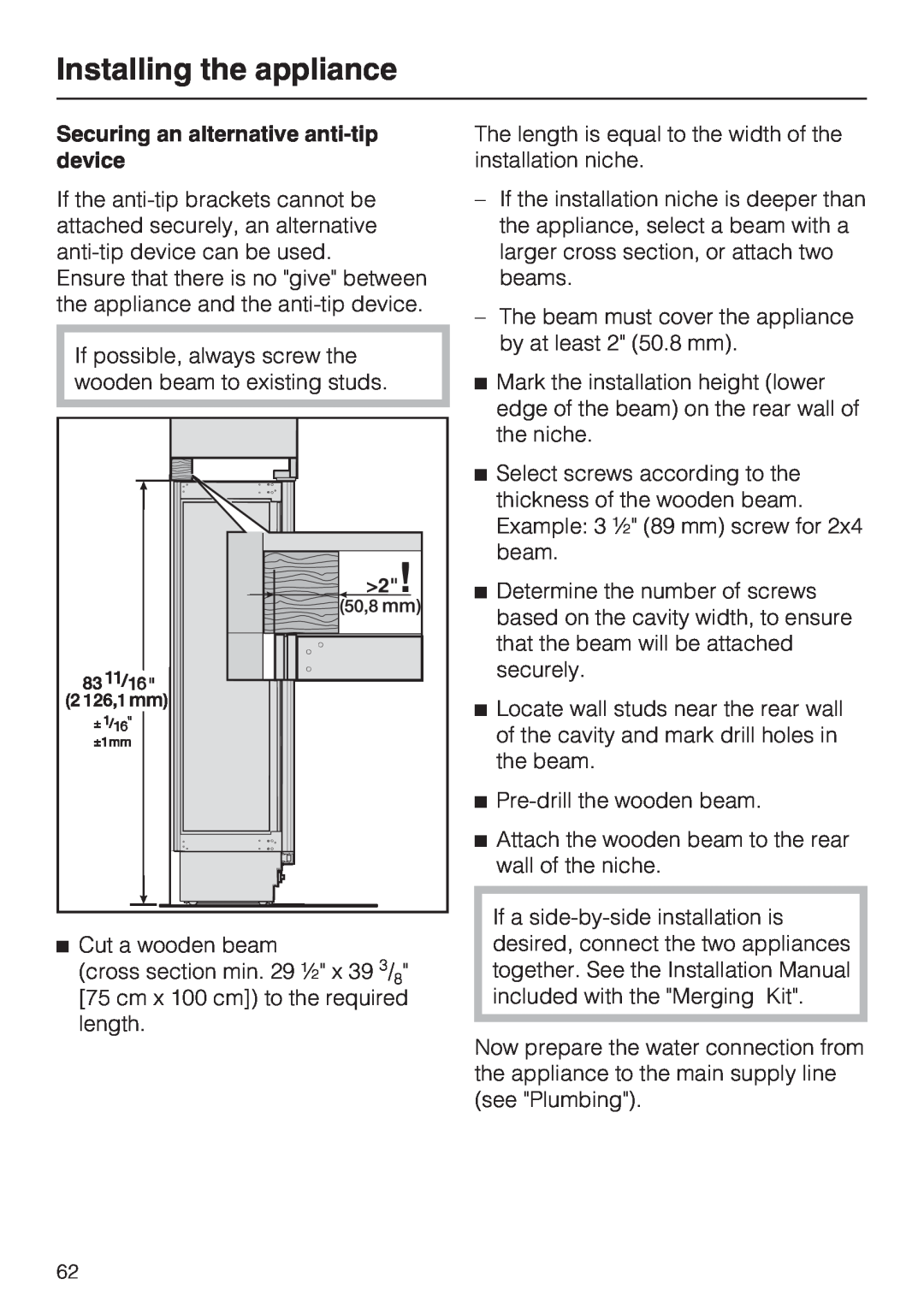 Miele KF1801SF, KF1811SF, KF1901SF, KF1911SF Installing the appliance, Securing an alternative anti-tipdevice 