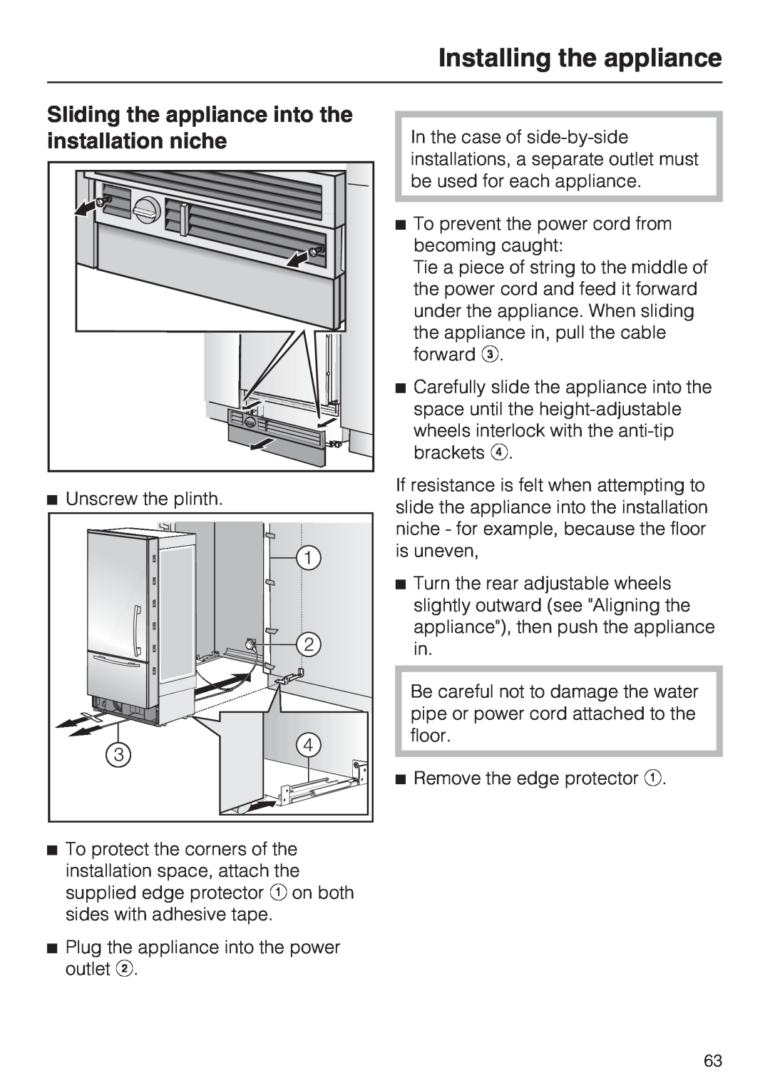 Miele KF1911SF, KF1811SF, KF1901SF, KF1801SF Sliding the appliance into the installation niche, Installing the appliance 