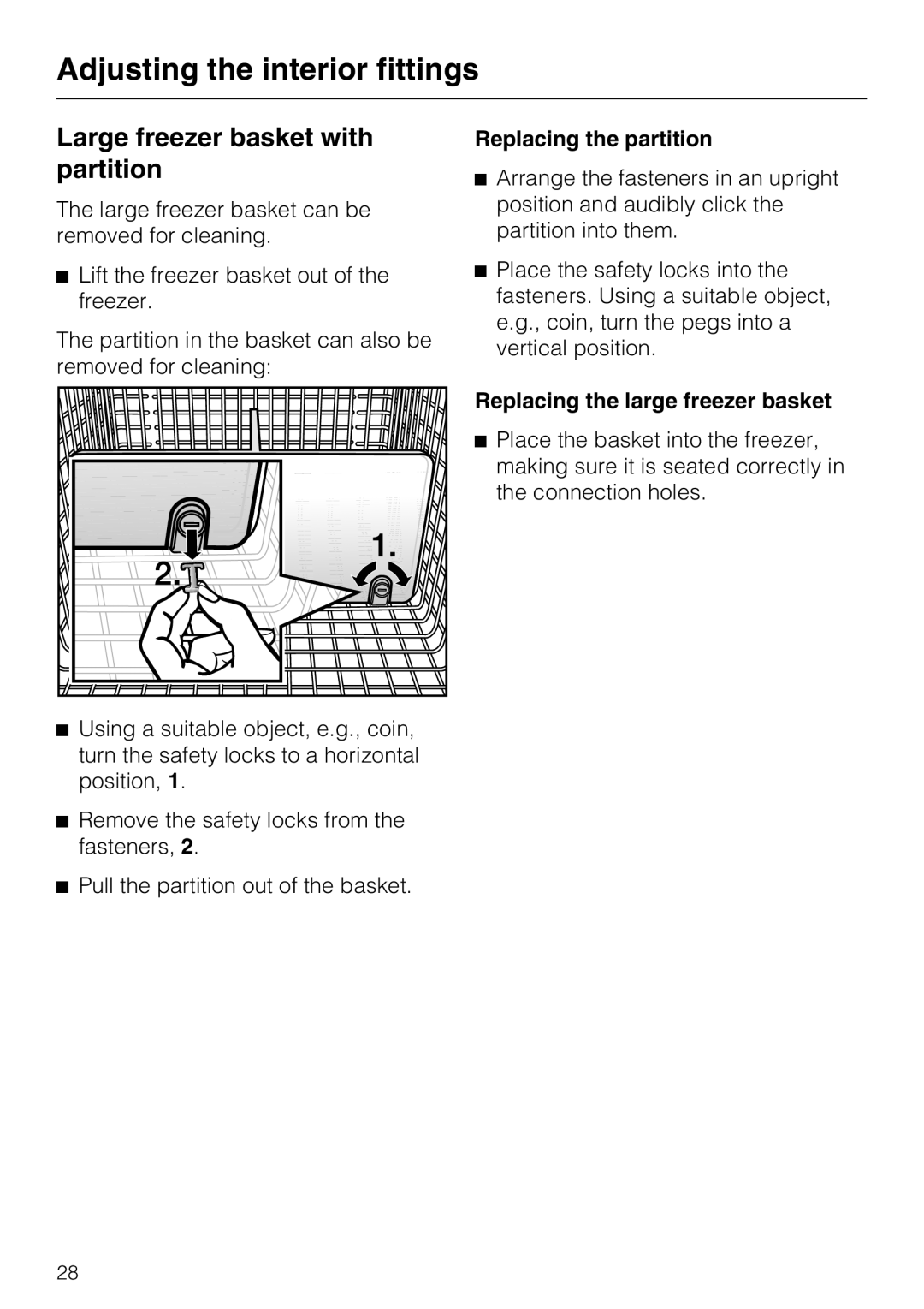 Miele KF1811VI, KF1911VI Large freezer basket with partition, Replacing the partition, Replacing the large freezer basket 
