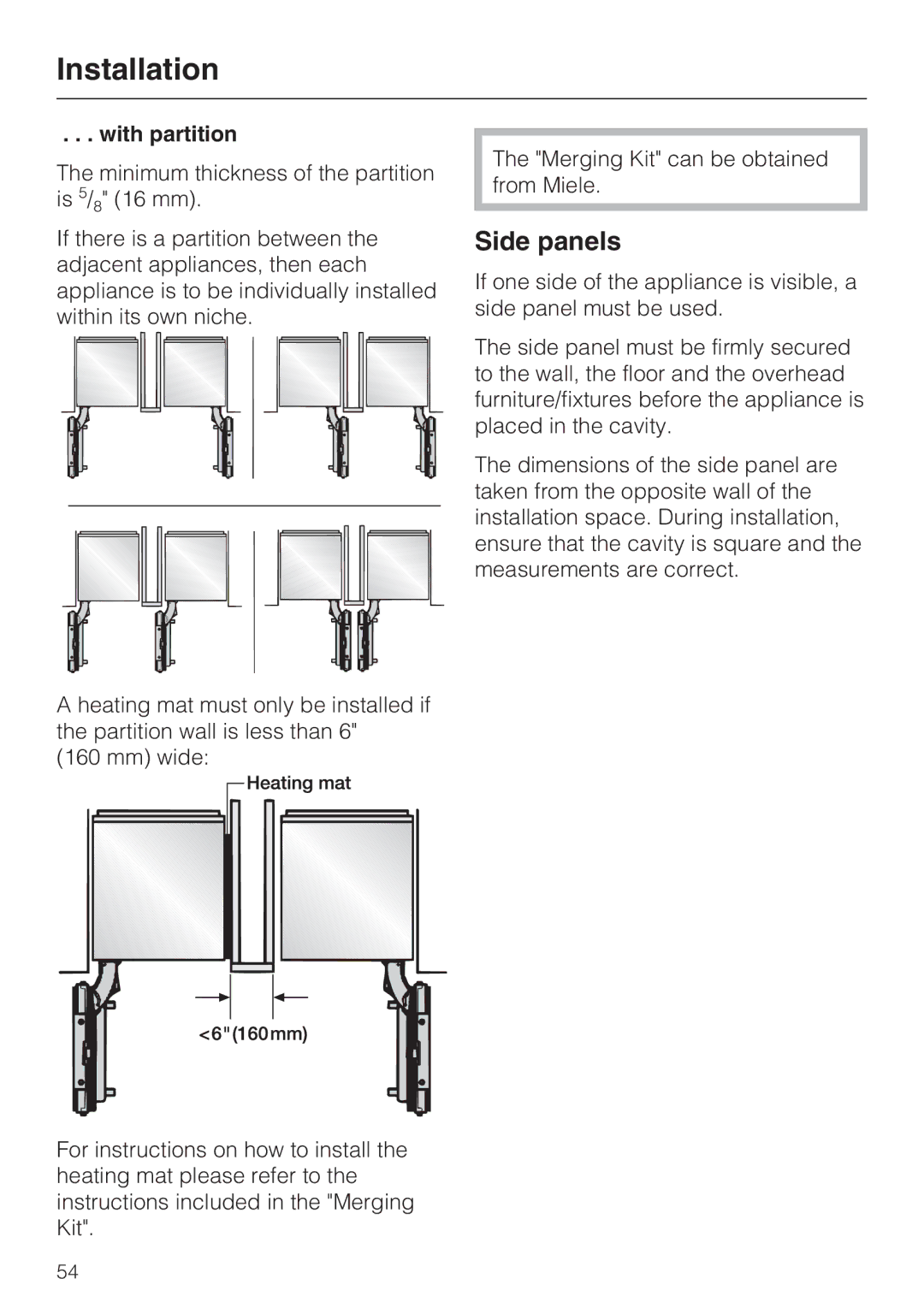 Miele KF1801VI, KF1811VI, KF1911VI, KF1901VI installation instructions Side panels, With partition 