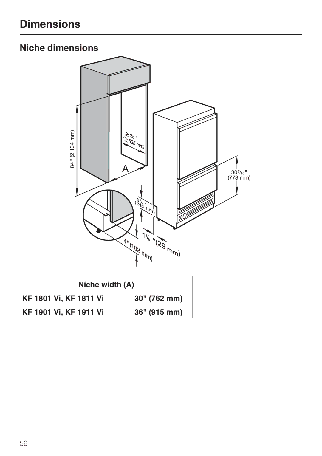 Miele KF1811VI, KF1911VI, KF1801VI, KF1901VI installation instructions Dimensions, Niche dimensions 