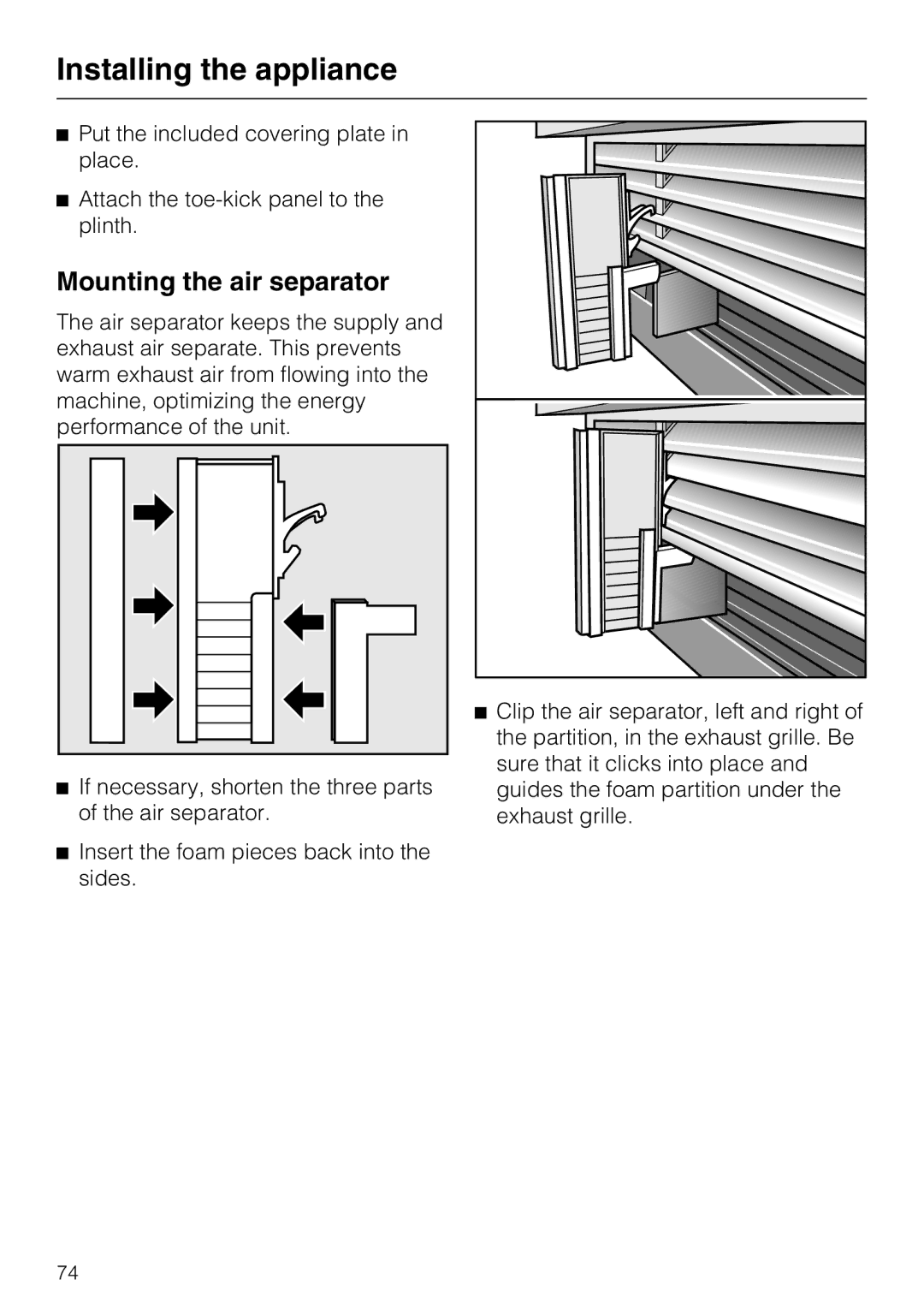 Miele KF1801VI, KF1811VI, KF1911VI, KF1901VI installation instructions Mounting the air separator 