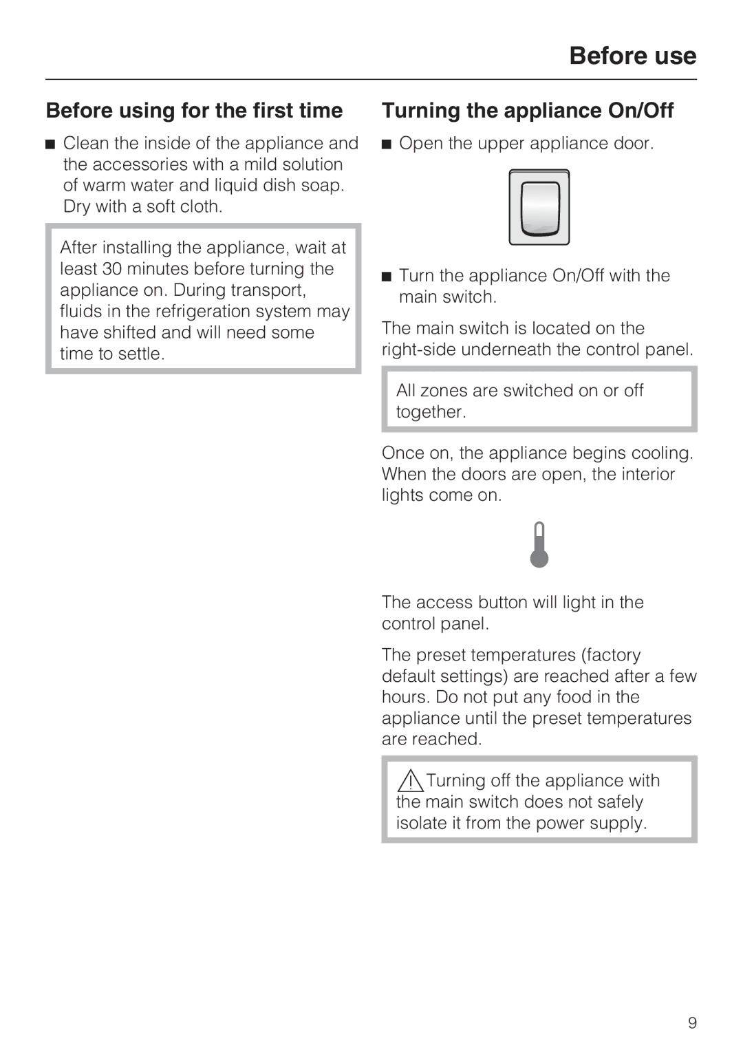 Miele KF1911VI, KF1811VI, KF1801VI, KF1901VI Before use, Before using for the first time, Turning the appliance On/Off 