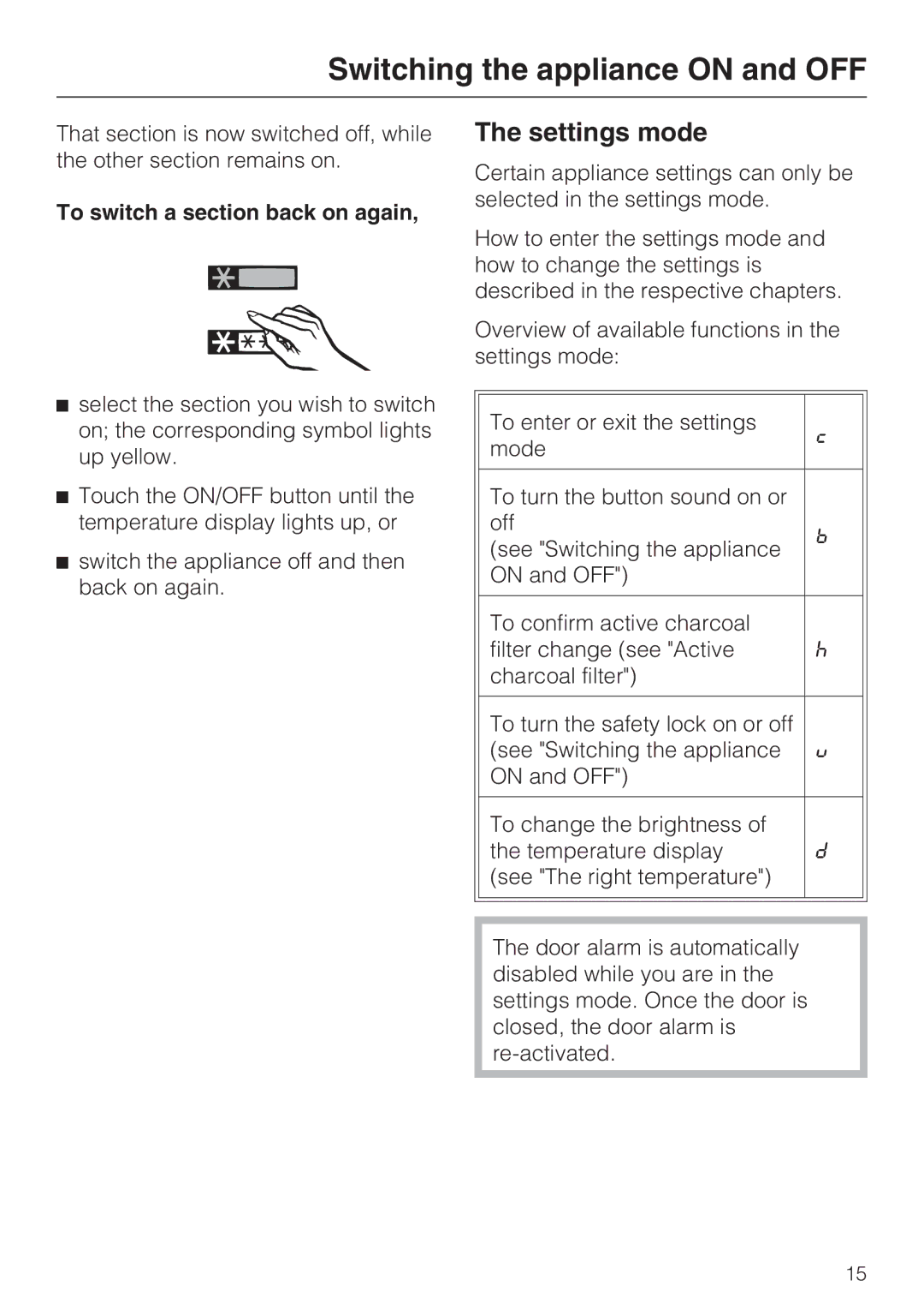 Miele KFN 14943 SD ED installation instructions Settings mode, To switch a section back on again 