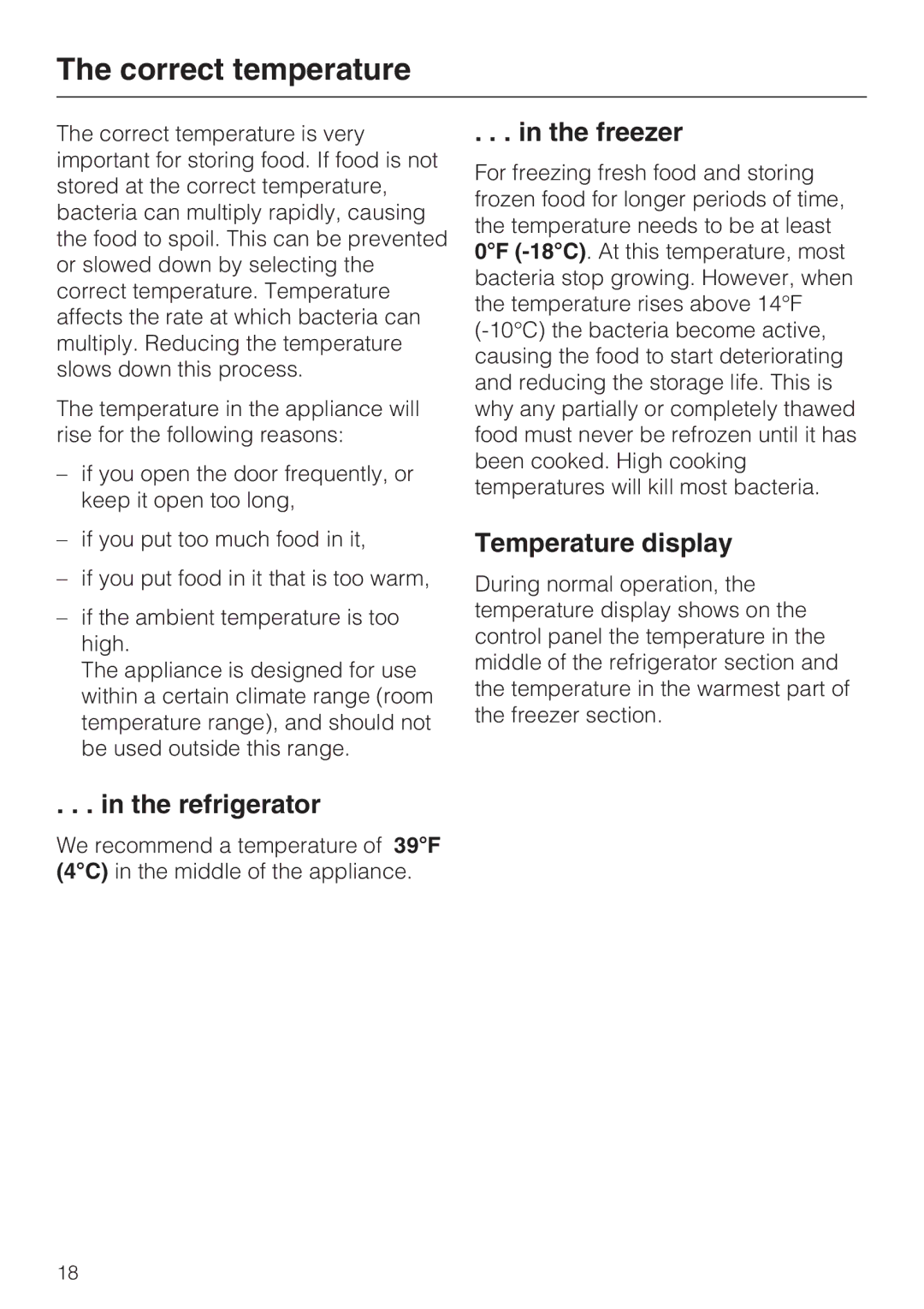 Miele KFN 14943 SD ED installation instructions Correct temperature, Refrigerator, Freezer, Temperature display 