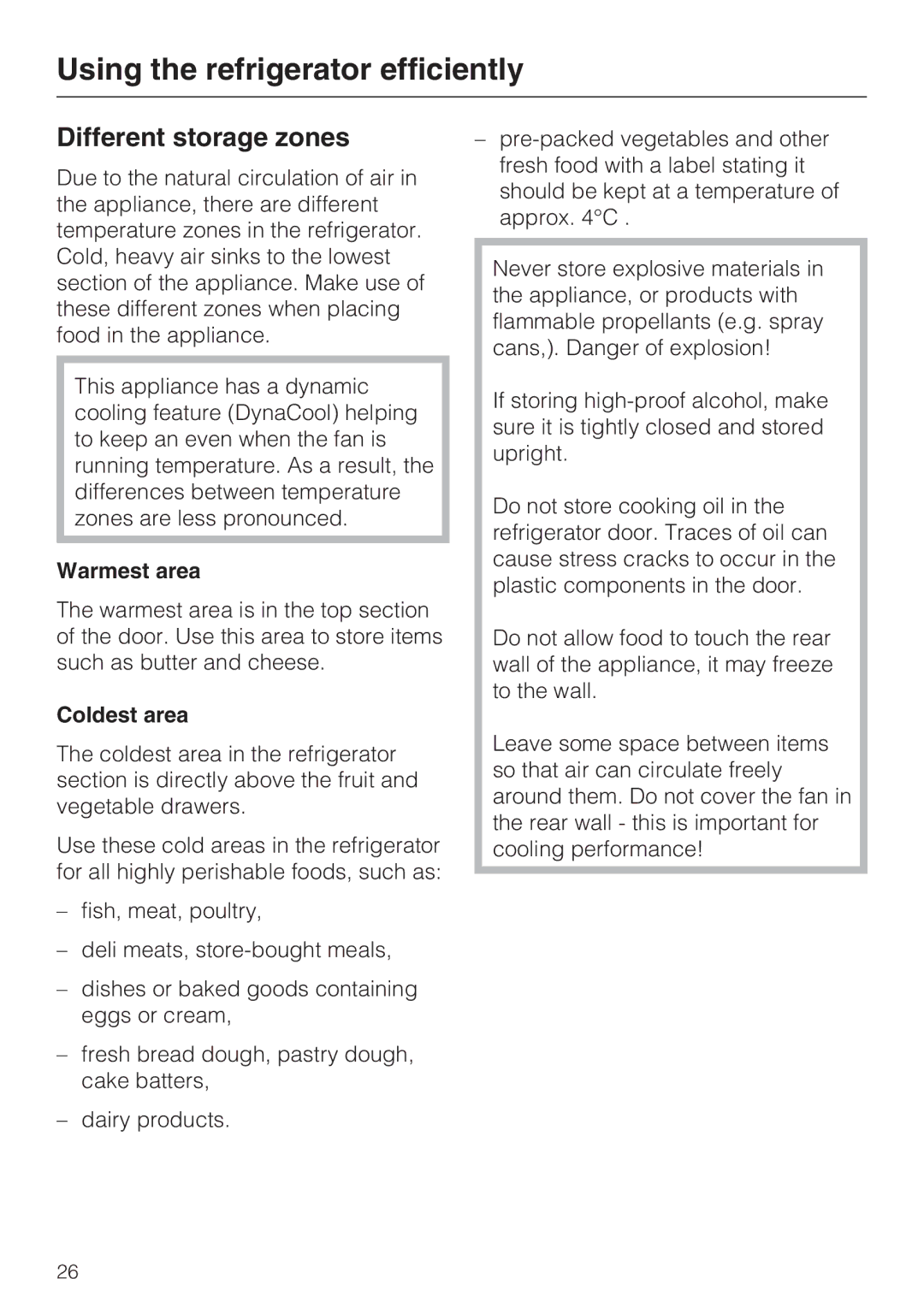 Miele KFN 14943 SD ED Using the refrigerator efficiently, Different storage zones, Warmest area, Coldest area 