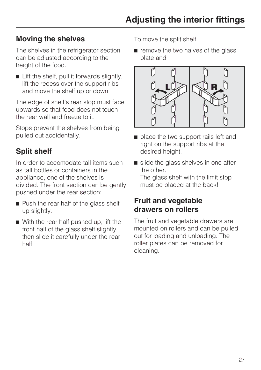 Miele KFN 14943 SD ED installation instructions Adjusting the interior fittings, Moving the shelves, Split shelf 