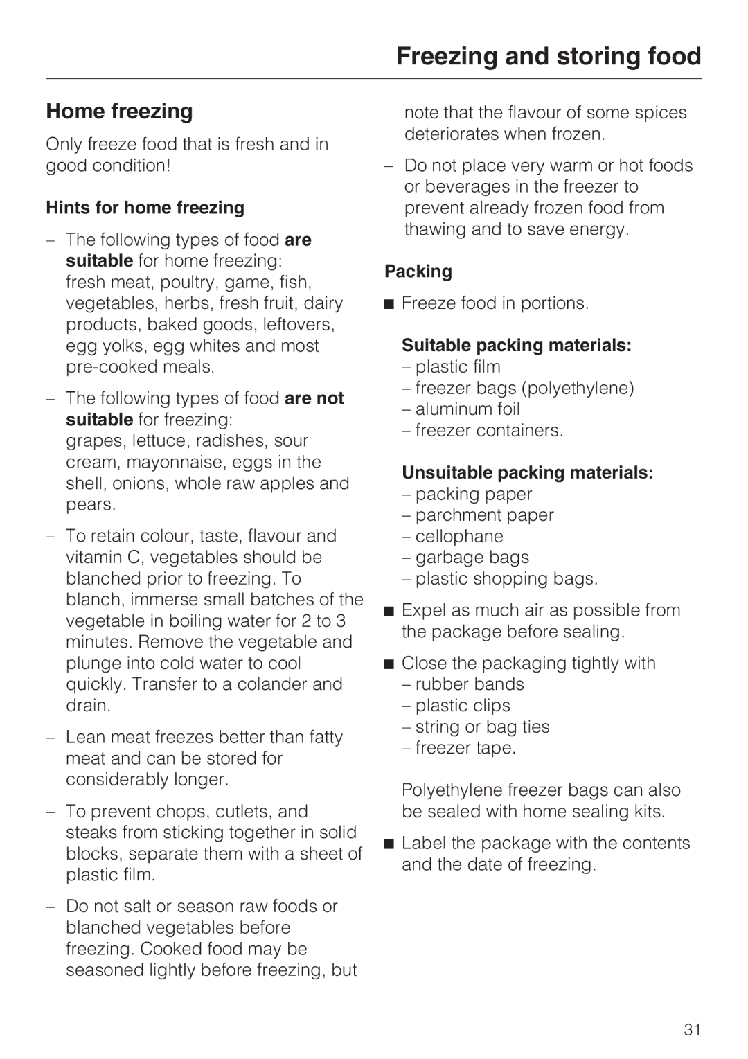 Miele KFN 14943 SD ED installation instructions Home freezing, Hints for home freezing, Packing, Suitable packing materials 