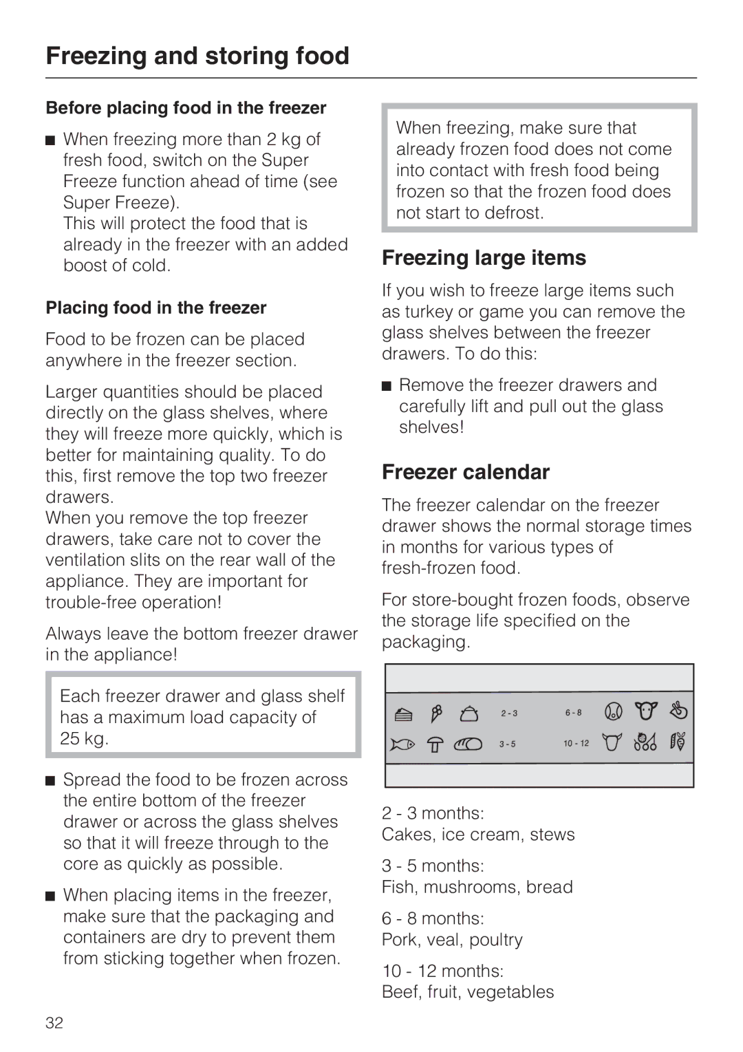 Miele KFN 14943 SD ED installation instructions Freezing large items, Freezer calendar, Before placing food in the freezer 