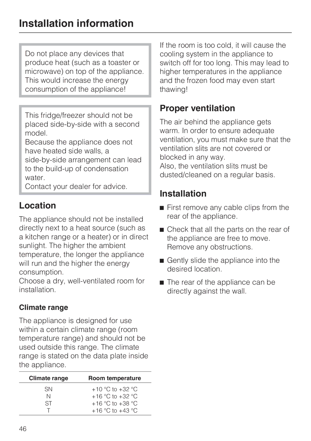 Miele KFN 14943 SD ED installation instructions Installation information, Location, Proper ventilation, Climate range 