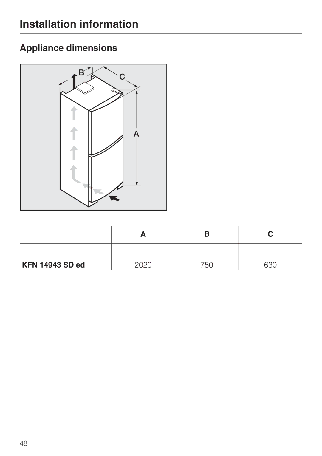 Miele KFN 14943 SD ED installation instructions Appliance dimensions, KFN 14943 SD ed 