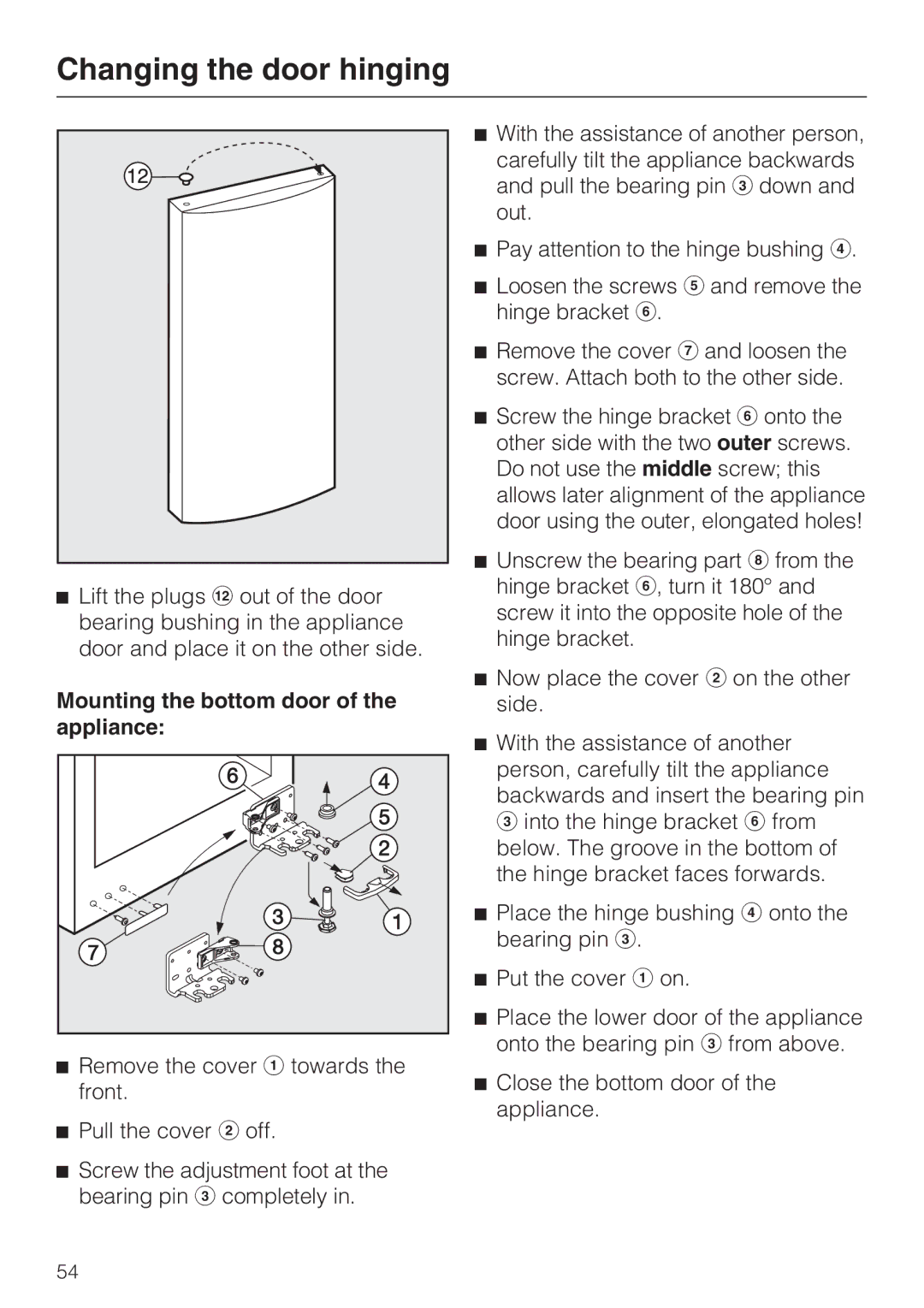 Miele KFN 14943 SD ED installation instructions Mounting the bottom door of the appliance 