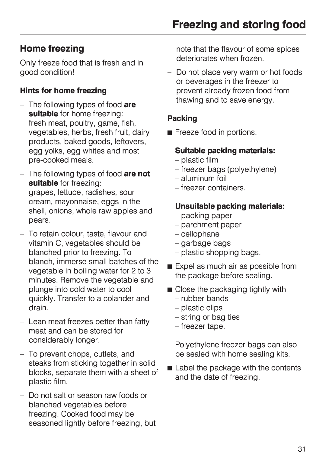 Miele KFN 14943 SD ED installation instructions Home freezing, Hints for home freezing, Packing, Suitable packing materials 