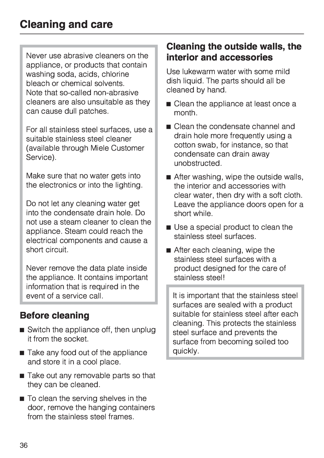 Miele KFN 14943 SD ED installation instructions Cleaning and care, Before cleaning 
