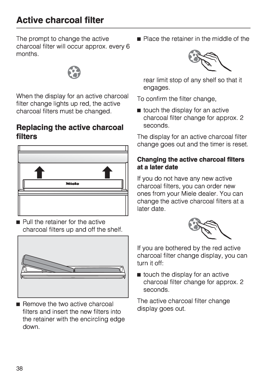 Miele KFN 14943 SD ED installation instructions Active charcoal filter, Replacing the active charcoal filters 