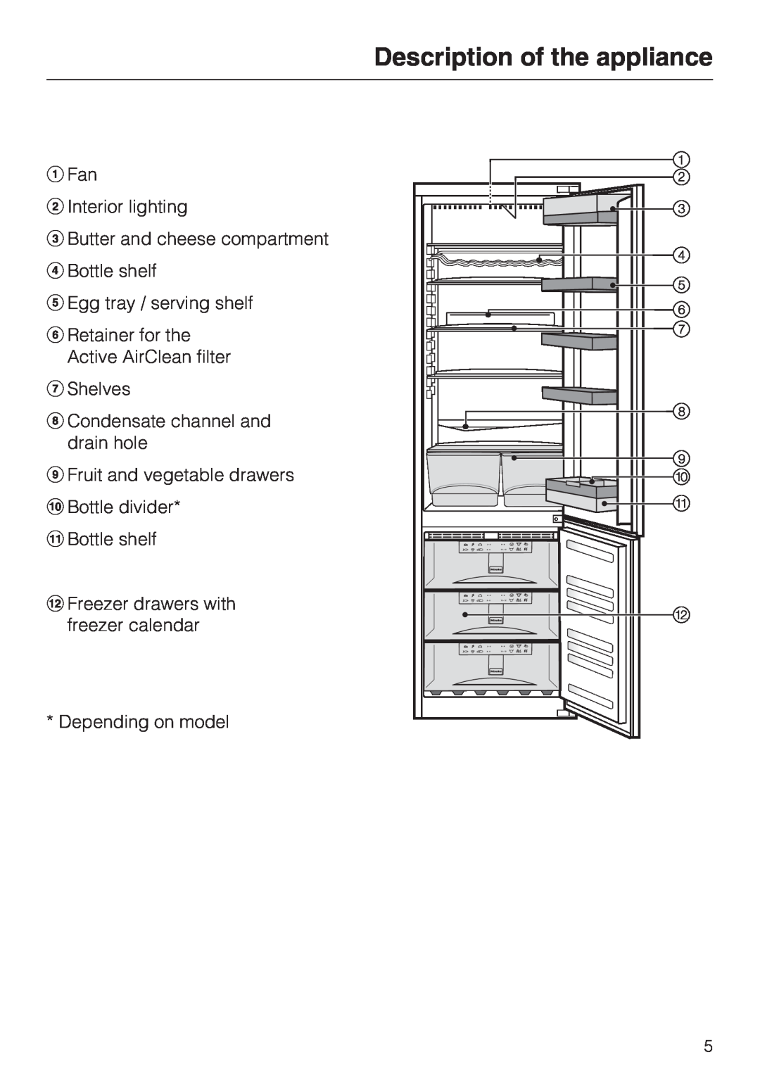 Miele KFN 14943 SD ED Description of the appliance, a Fan b Interior lighting, e Egg tray / serving shelf, k Bottle shelf 