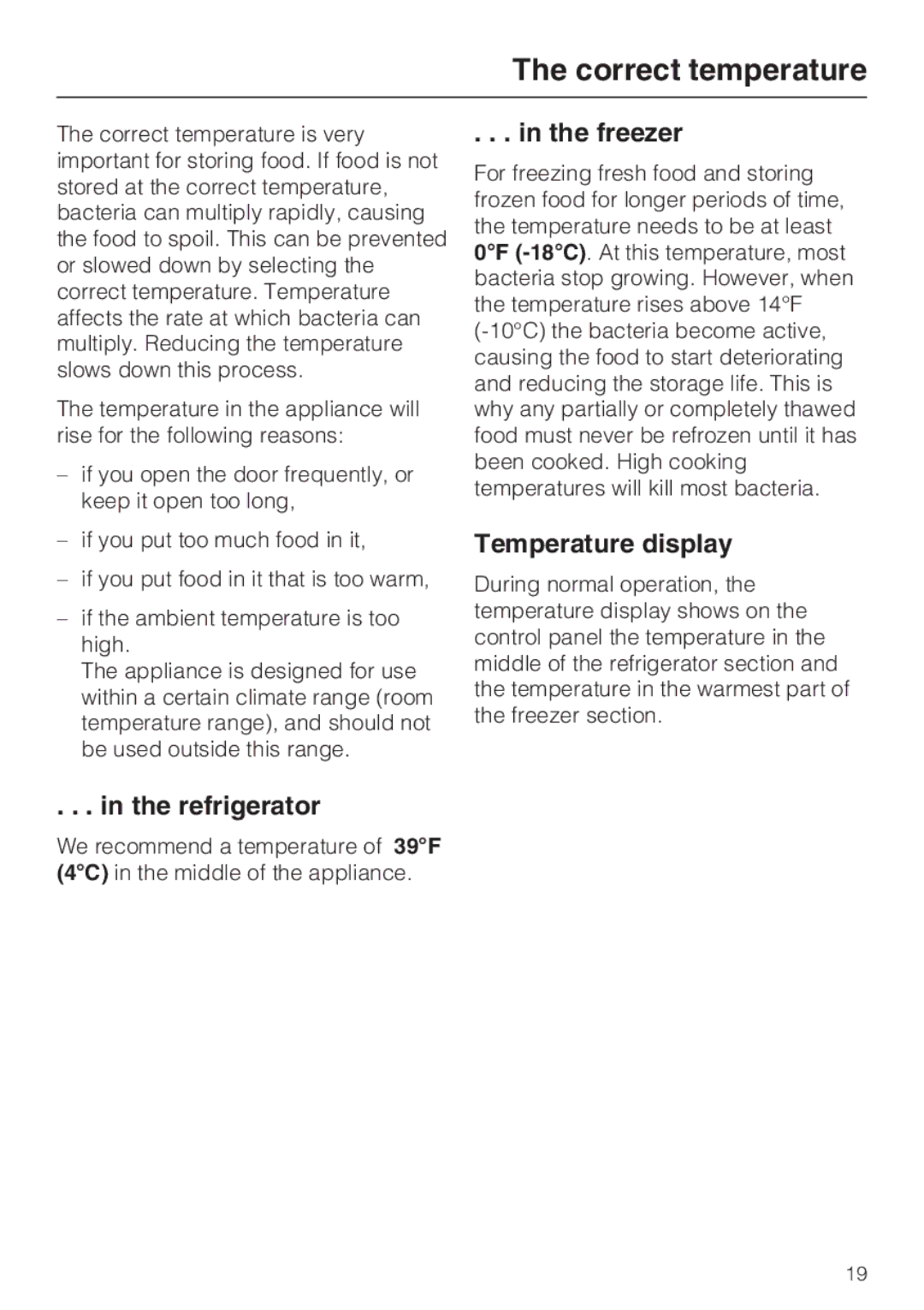 Miele KFN 14943 SDE ED installation instructions Correct temperature, Refrigerator, Freezer, Temperature display 