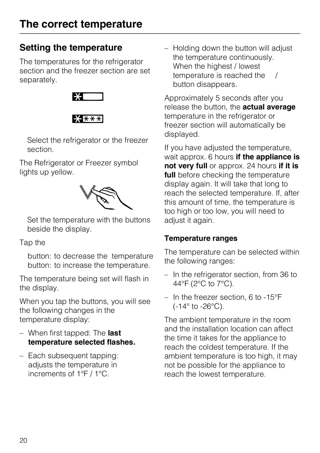 Miele KFN 14943 SDE ED installation instructions Setting the temperature, Temperature ranges 