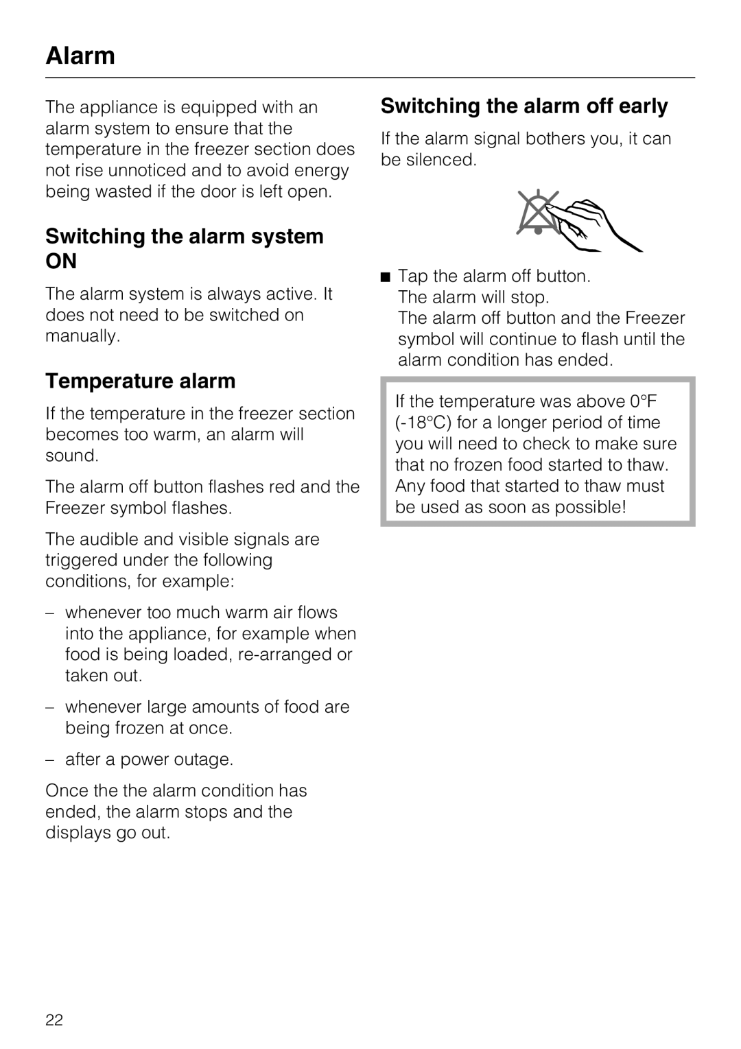 Miele KFN 14943 SDE ED Alarm, Switching the alarm system, Temperature alarm, Switching the alarm off early 