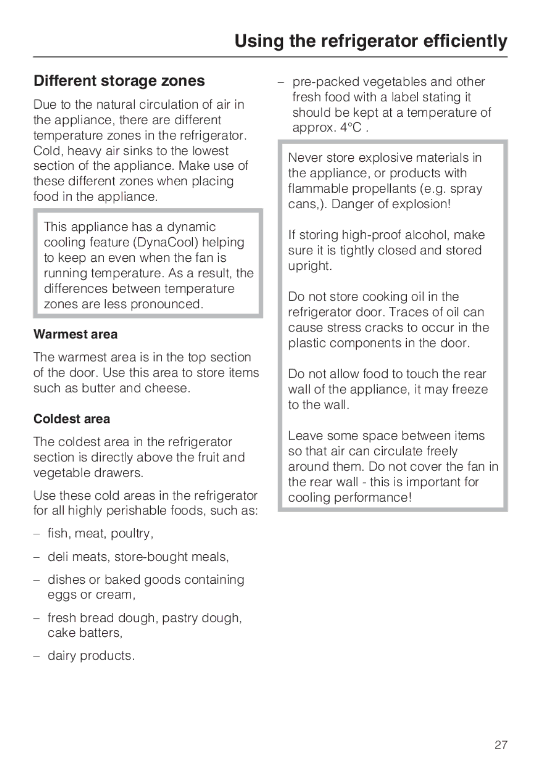 Miele KFN 14943 SDE ED Using the refrigerator efficiently, Different storage zones, Warmest area, Coldest area 