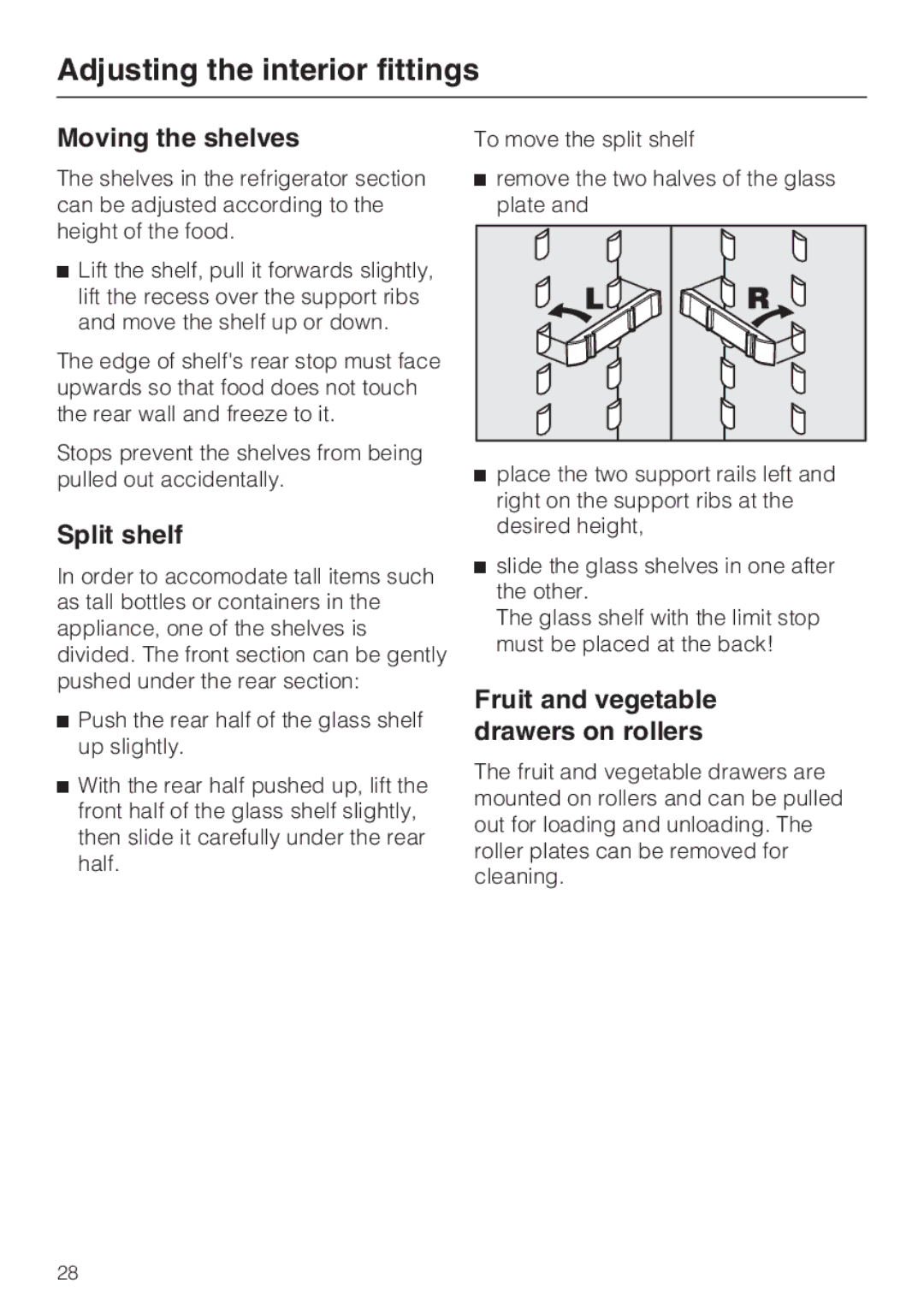 Miele KFN 14943 SDE ED installation instructions Adjusting the interior fittings, Moving the shelves, Split shelf 