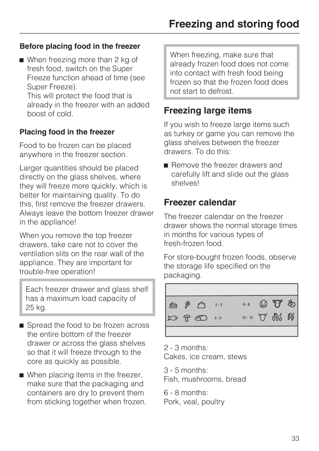 Miele KFN 14943 SDE ED installation instructions Freezing large items, Freezer calendar, Before placing food in the freezer 