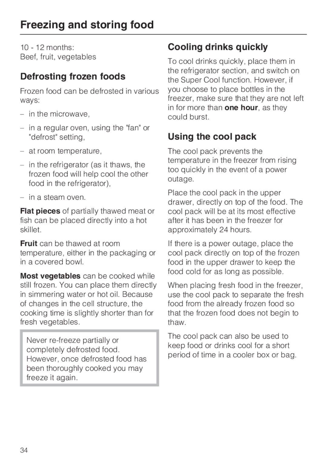 Miele KFN 14943 SDE ED installation instructions Defrosting frozen foods, Cooling drinks quickly, Using the cool pack 