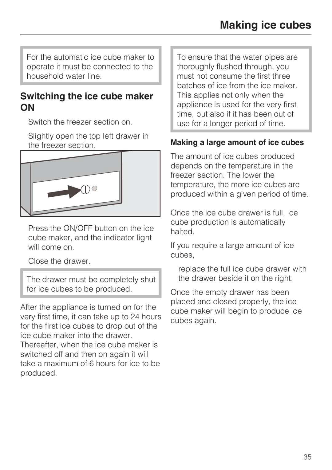 Miele KFN 14943 SDE ED Making ice cubes, Switching the ice cube maker, Making a large amount of ice cubes 