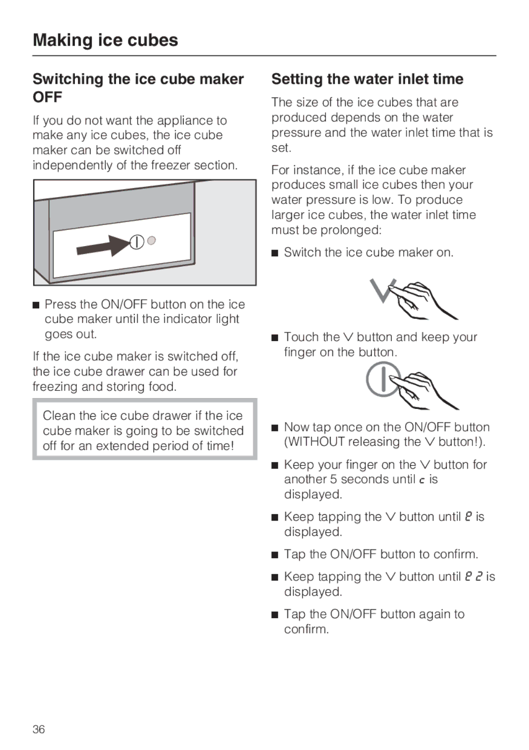 Miele KFN 14943 SDE ED installation instructions Off, Setting the water inlet time 