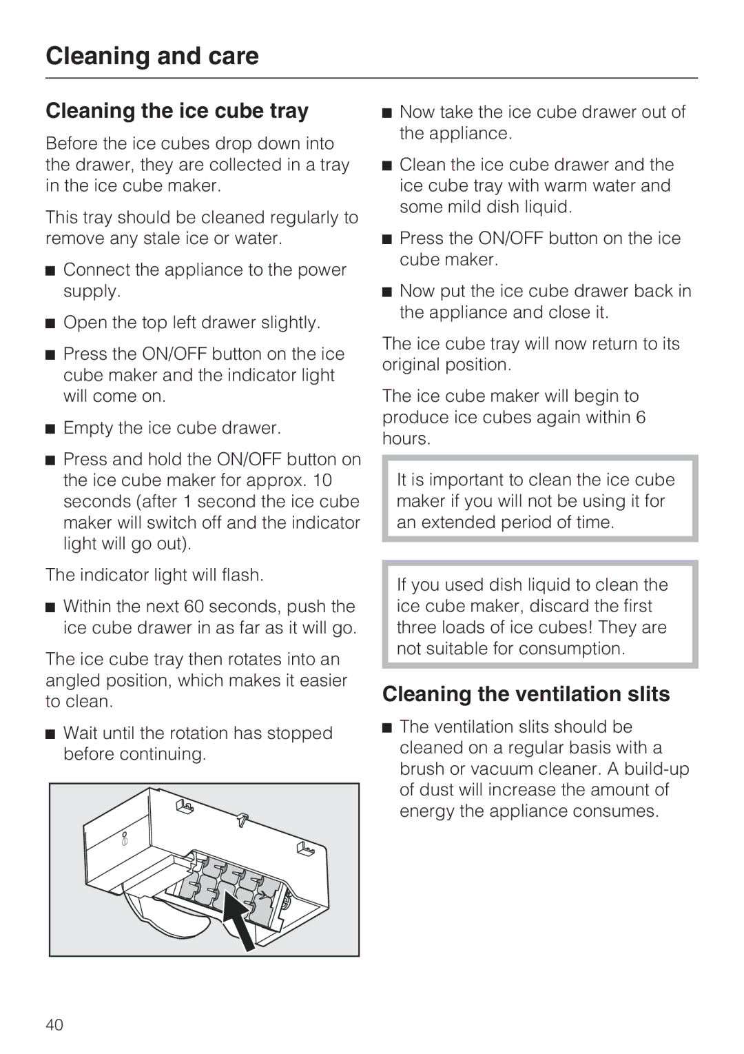 Miele KFN 14943 SDE ED installation instructions Cleaning the ice cube tray, Cleaning the ventilation slits 