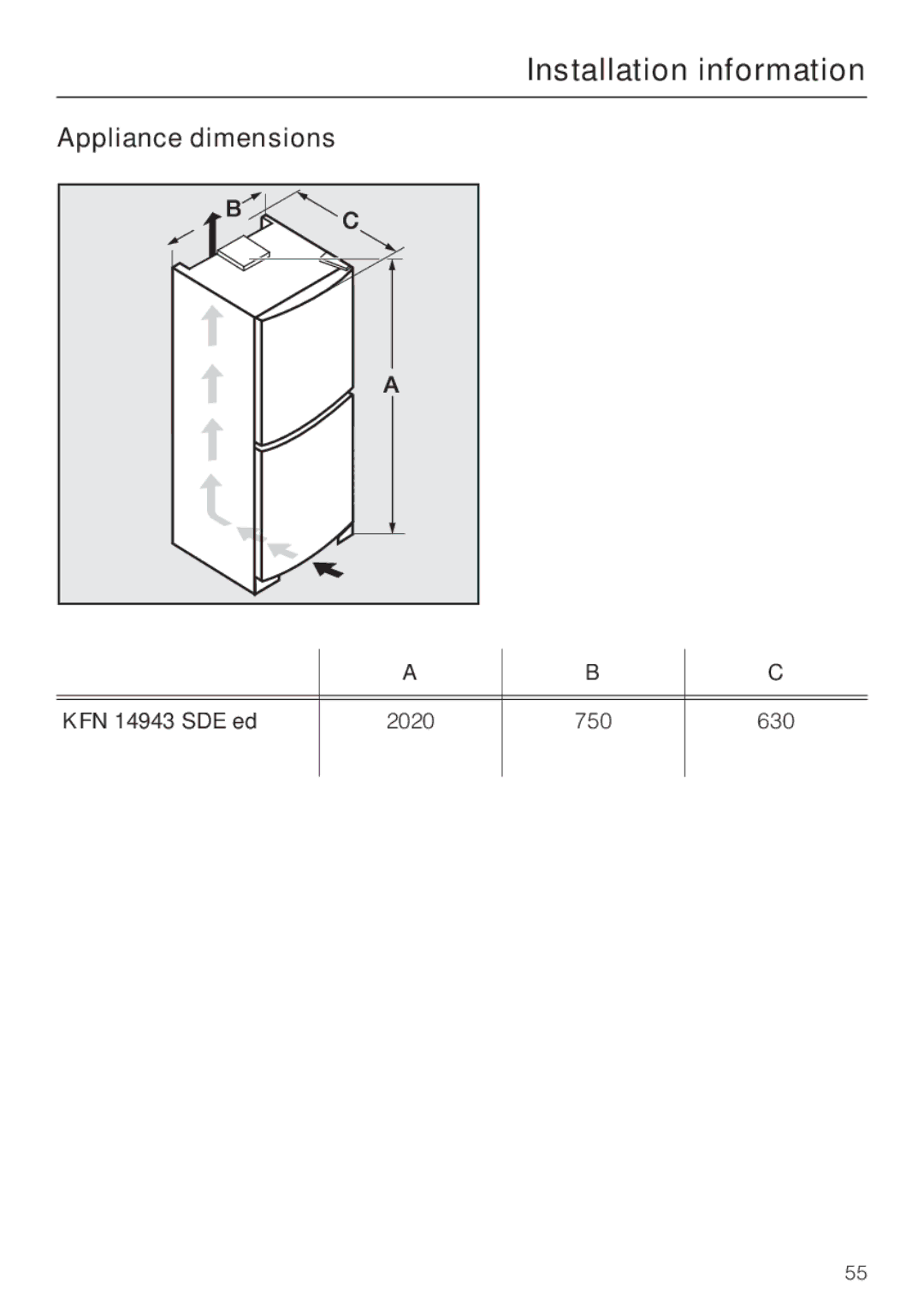 Miele KFN 14943 SDE ED installation instructions Appliance dimensions, KFN 14943 SDE ed 