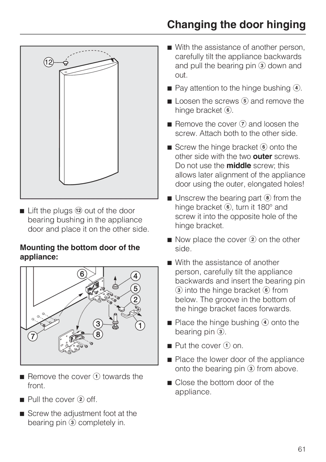 Miele KFN 14943 SDE ED installation instructions Mounting the bottom door of the appliance 