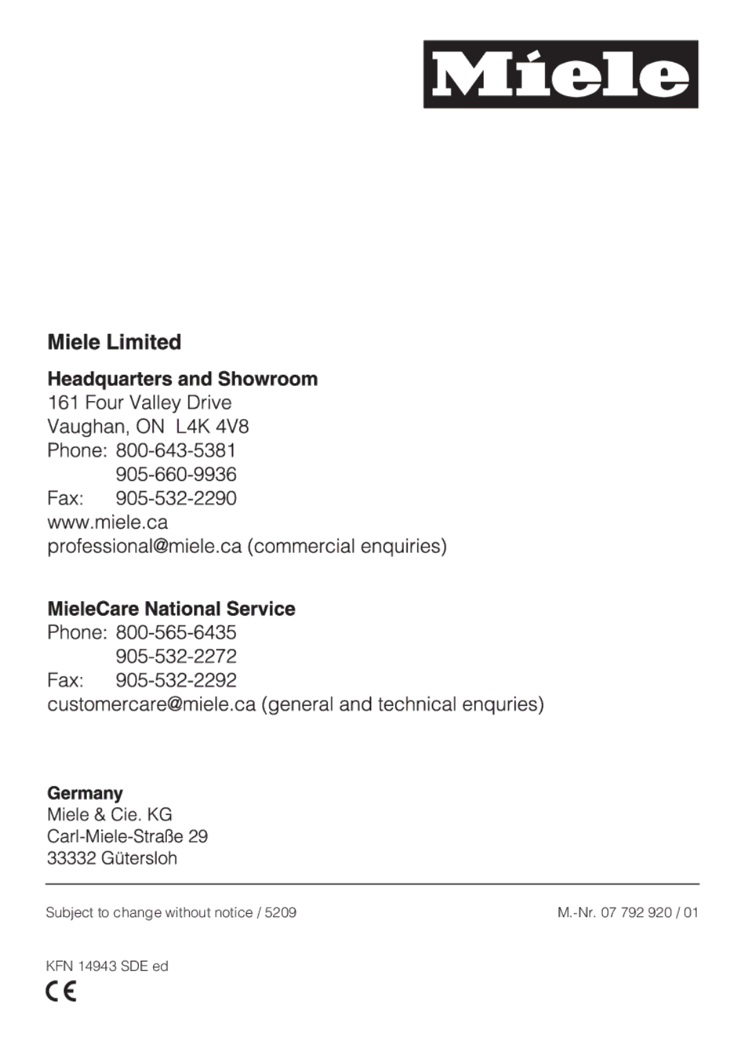 Miele KFN 14943 SDE ED installation instructions Subject to change without notice Nr 792 920 KFN 14943 SDE ed 