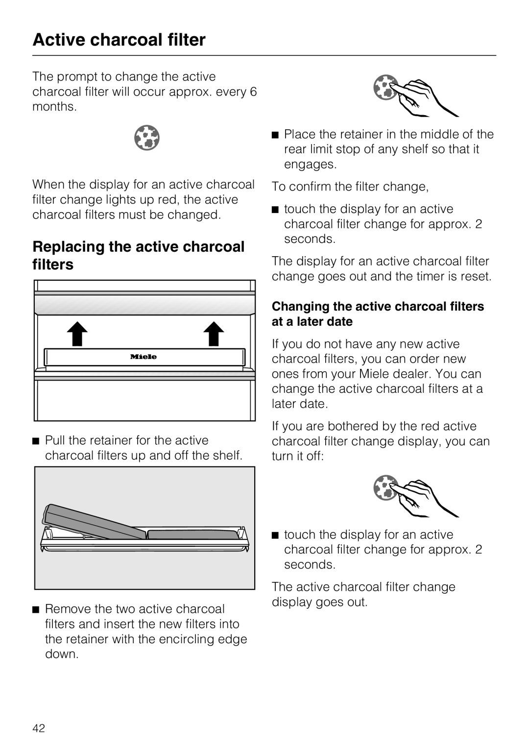 Miele KFN 14943 SDE ED installation instructions Active charcoal filter, Replacing the active charcoal filters 